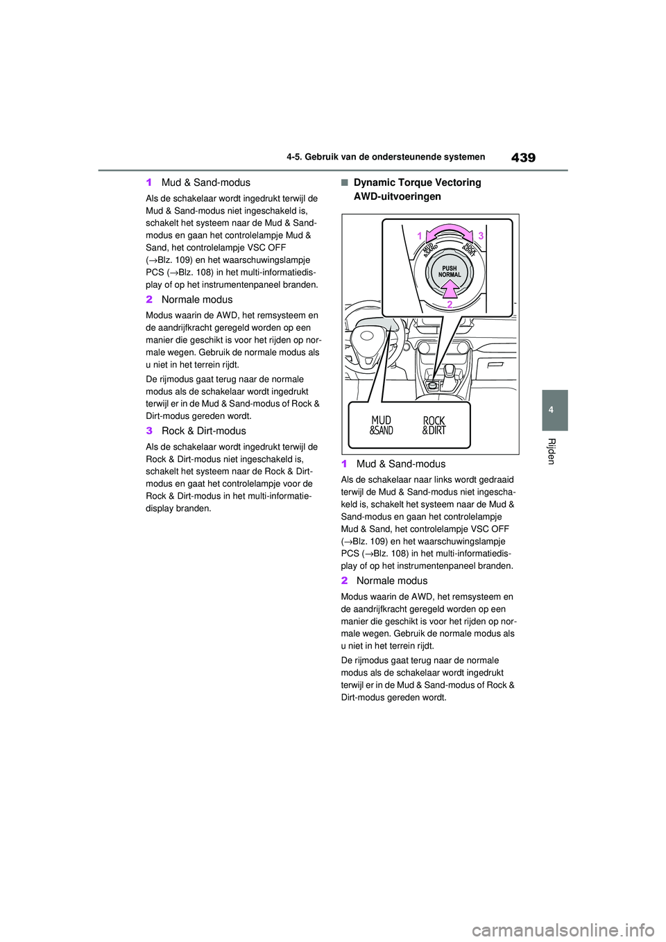 TOYOTA RAV4 2021 Instructieboekje (in Dutch) 439
4
4-5. Gebruik van de ondersteunende systemen
Rijden
1
Mud & Sand-modus
Als de schakelaar wordt ingedrukt terwijl de
Mud & Sand-modus niet ingeschakeld is,
schakelt het systeem naar de Mud & Sa TOYOTA RAV4 2021 Instructieboekje (in Dutch) 439
4
4-5. Gebruik van de ondersteunende systemen
Rijden
1
Mud & Sand-modus
Als de schakelaar wordt ingedrukt terwijl de
Mud & Sand-modus niet ingeschakeld is,
schakelt het systeem naar de Mud & Sa