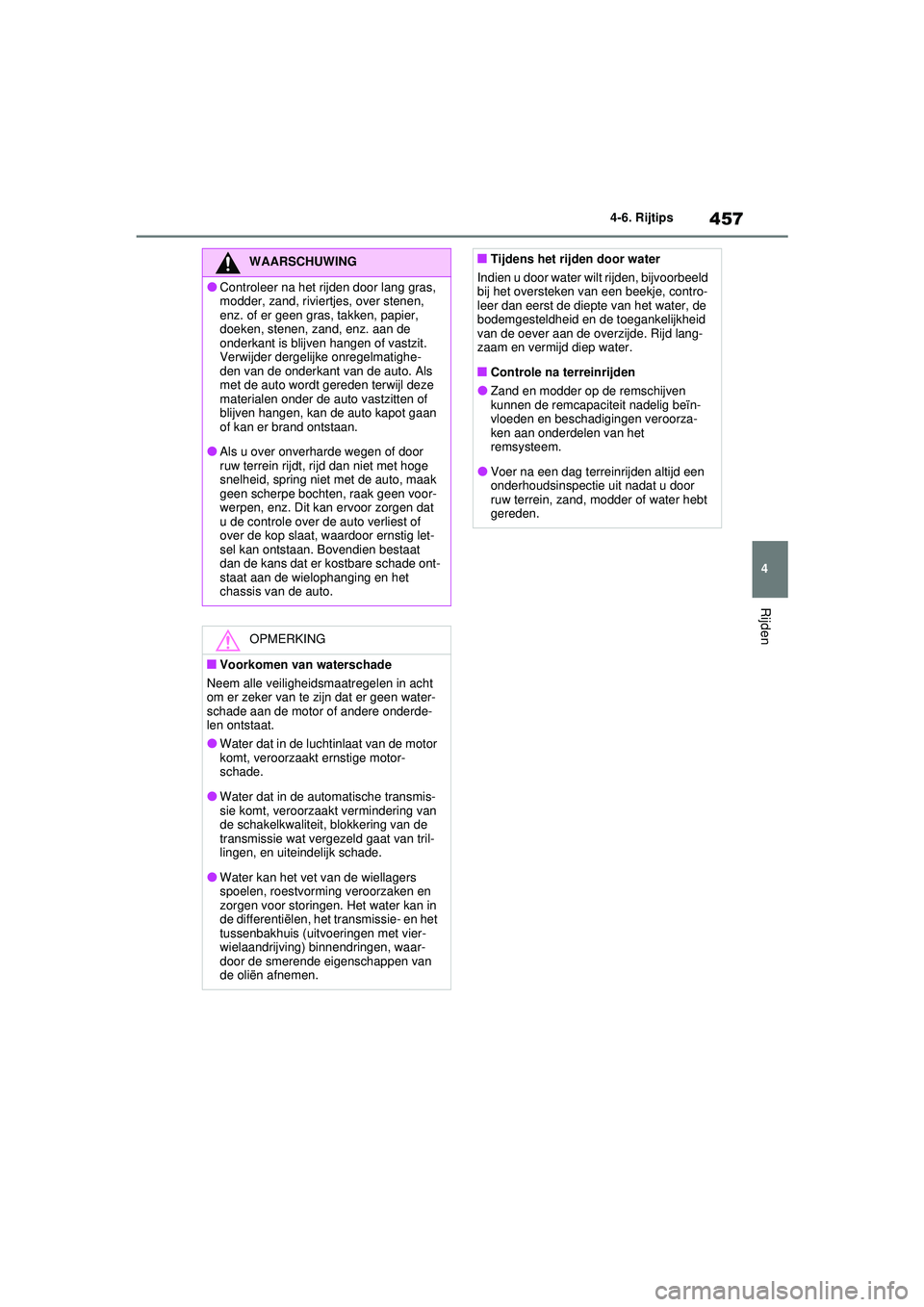 TOYOTA RAV4 2021 Instructieboekje (in Dutch) 457
4
4-6. Rijtips
Rijden
WAARSCHUWING
●Controleer na het rijden door lang gras,
modder, zand, riviertjes, over stenen,
enz. of er geen gras, takken, papier,
doeken, stenen, zand, enz. aan de
on TOYOTA RAV4 2021 Instructieboekje (in Dutch) 457
4
4-6. Rijtips
Rijden
WAARSCHUWING
●Controleer na het rijden door lang gras,
modder, zand, riviertjes, over stenen,
enz. of er geen gras, takken, papier,
doeken, stenen, zand, enz. aan de
on