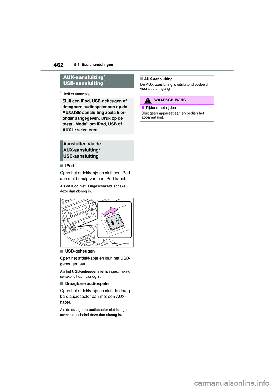 TOYOTA RAV4 2021 Instructieboekje (in Dutch) 4625-1. Basishandelingen
*: Indien aanwezig
■iPod
Open het afdekkapje en sluit een iPod
aan met behulp van een iPod-kabel.
Als de iPod niet is i ngeschakeld, schakel
deze dan alsnog in.
■USB-geh TOYOTA RAV4 2021 Instructieboekje (in Dutch) 4625-1. Basishandelingen
*: Indien aanwezig
■iPod
Open het afdekkapje en sluit een iPod
aan met behulp van een iPod-kabel.
Als de iPod niet is i ngeschakeld, schakel
deze dan alsnog in.
■USB-geh