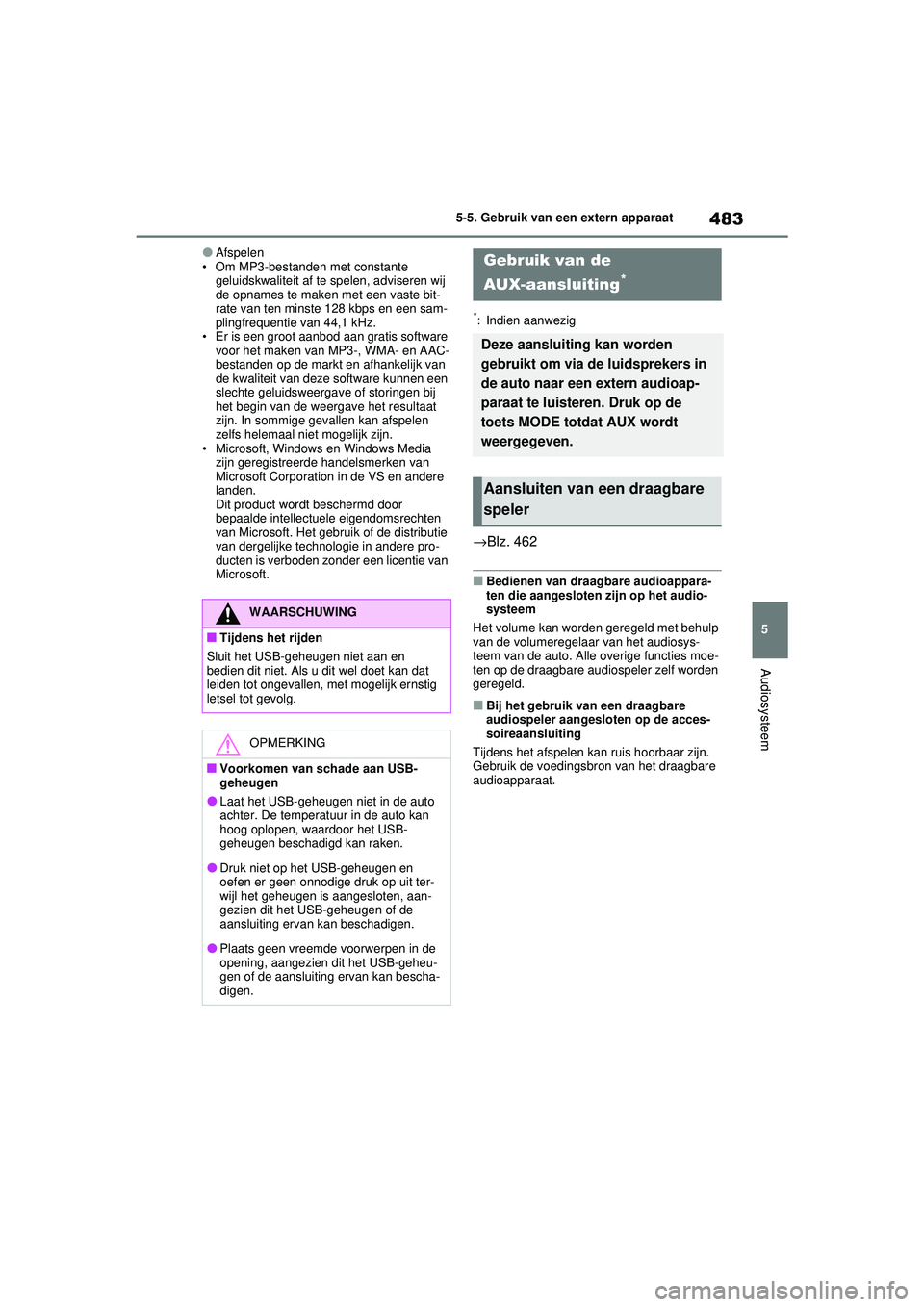 TOYOTA RAV4 2021 Instructieboekje (in Dutch) 483
5
5-5. Gebruik van een extern apparaat
Audiosysteem
●Afspelen
• Om MP3-bestanden met constante geluidskwaliteit af te spelen, adviseren wij
de opnames te maken met een vaste bit-
rate van te TOYOTA RAV4 2021 Instructieboekje (in Dutch) 483
5
5-5. Gebruik van een extern apparaat
Audiosysteem
●Afspelen
• Om MP3-bestanden met constante geluidskwaliteit af te spelen, adviseren wij
de opnames te maken met een vaste bit-
rate van te