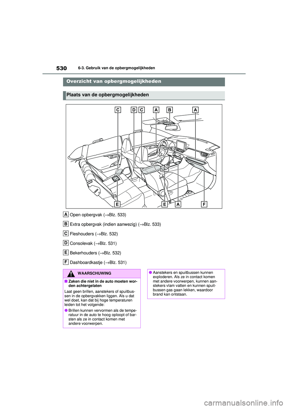 TOYOTA RAV4 2021  Instructieboekje (in Dutch) 5306-3. Gebruik van de opbergmogelijkheden
6-3.Gebruik van de opbergmogelijkheden
Open opbergvak (→Blz. 533)
Extra opbergvak (indien aanwezig) ( →Blz. 533)
Fleshouders ( →Blz. 532)
Consolevak ( 