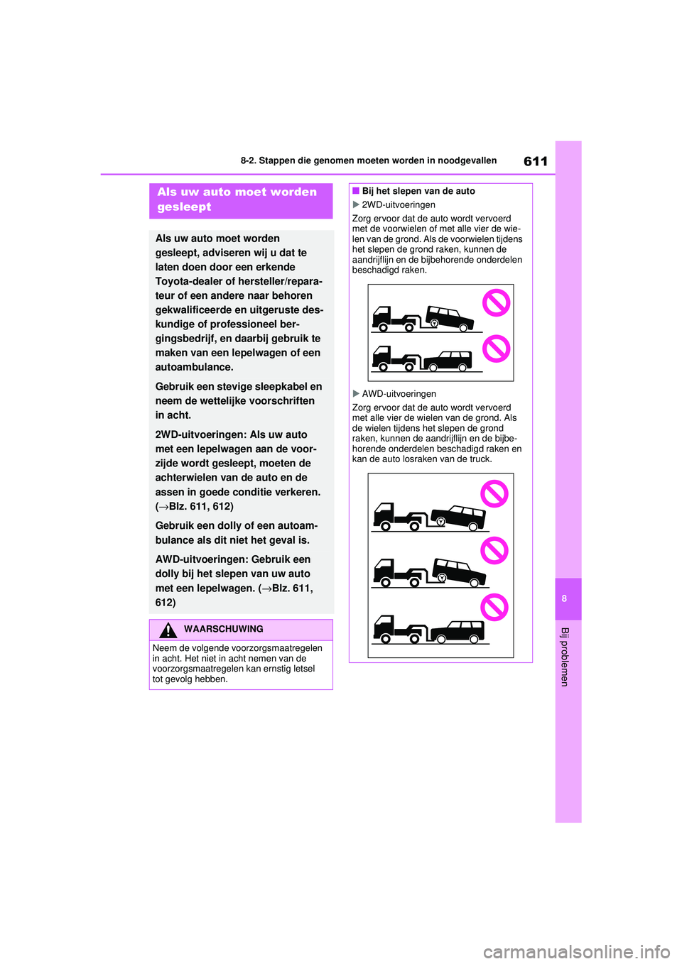 TOYOTA RAV4 2021 Instructieboekje (in Dutch) 611
8
8-2. Stappen die genomen moeten worden in noodgevallen
Bij problemen
8-2.Stappen die genomen moeten worden in noodgevallenAls uw auto moet worden
gesleept
Als uw auto moet worden
gesleept, adv TOYOTA RAV4 2021 Instructieboekje (in Dutch) 611
8
8-2. Stappen die genomen moeten worden in noodgevallen
Bij problemen
8-2.Stappen die genomen moeten worden in noodgevallenAls uw auto moet worden
gesleept
Als uw auto moet worden
gesleept, adv