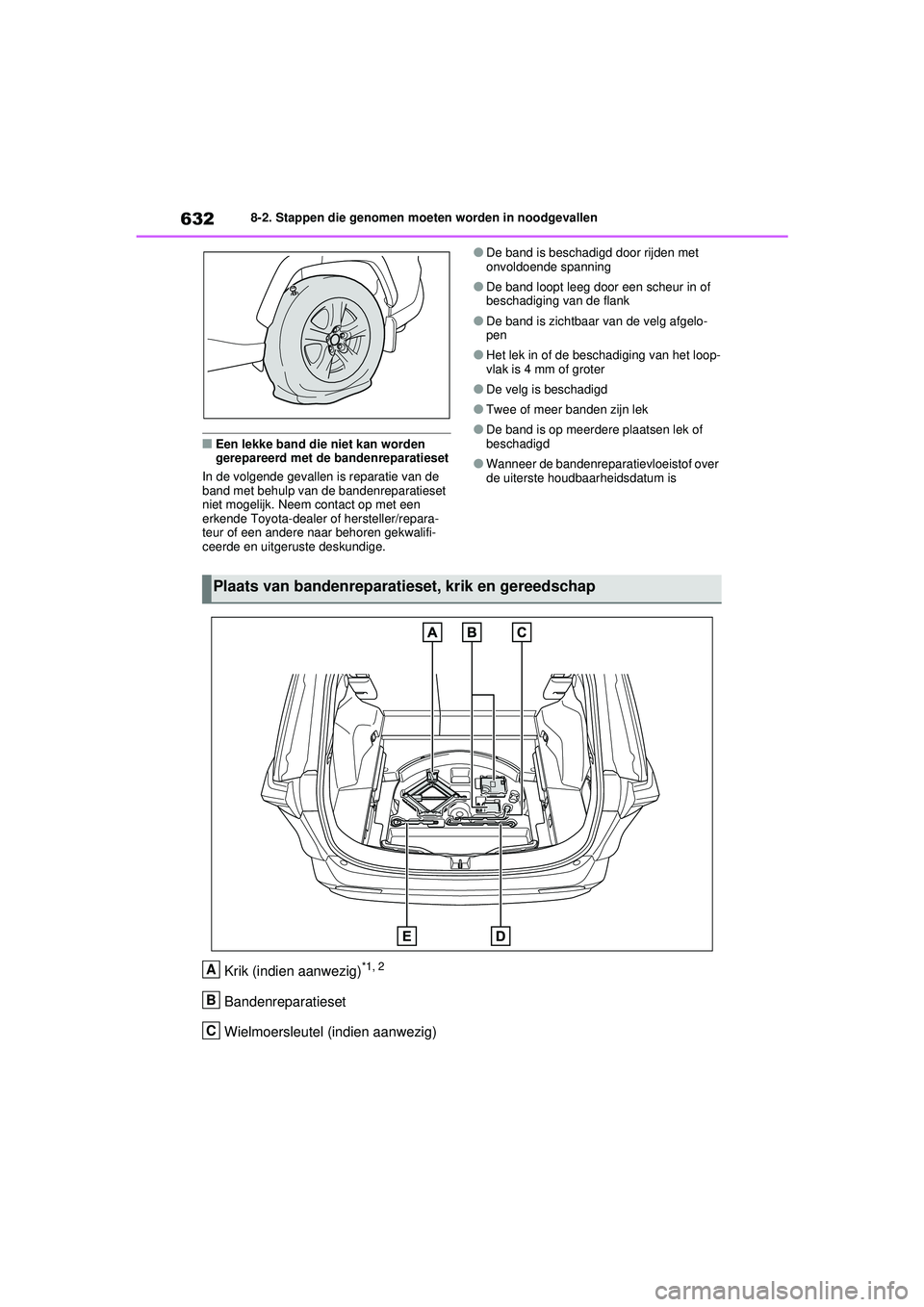 TOYOTA RAV4 2021 Instructieboekje (in Dutch) 6328-2. Stappen die genomen moeten worden in noodgevallen
■Een lekke band die niet kan worden
gerepareerd met de bandenreparatieset
In de volgende gevallen is reparatie van de
band met behulp van TOYOTA RAV4 2021 Instructieboekje (in Dutch) 6328-2. Stappen die genomen moeten worden in noodgevallen
■Een lekke band die niet kan worden
gerepareerd met de bandenreparatieset
In de volgende gevallen is reparatie van de
band met behulp van
