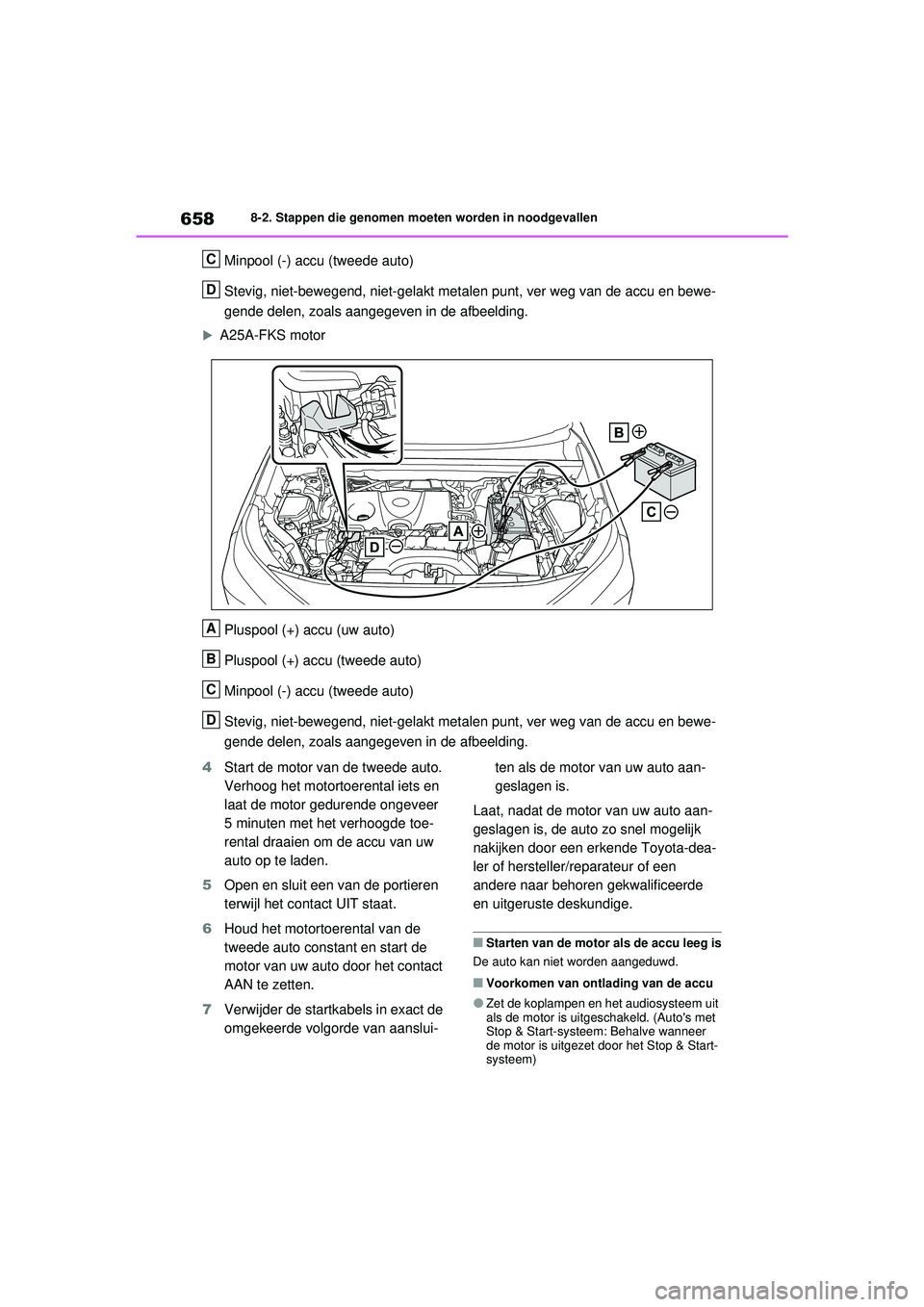 TOYOTA RAV4 2021 Instructieboekje (in Dutch) 6588-2. Stappen die genomen moeten worden in noodgevallen
Minpool (-) accu (tweede auto)
Stevig, niet-bewegend, niet-gelakt metalen punt, ver weg van de accu en bewe-
gende delen, zoals aangegeven in TOYOTA RAV4 2021 Instructieboekje (in Dutch) 6588-2. Stappen die genomen moeten worden in noodgevallen
Minpool (-) accu (tweede auto)
Stevig, niet-bewegend, niet-gelakt metalen punt, ver weg van de accu en bewe-
gende delen, zoals aangegeven in