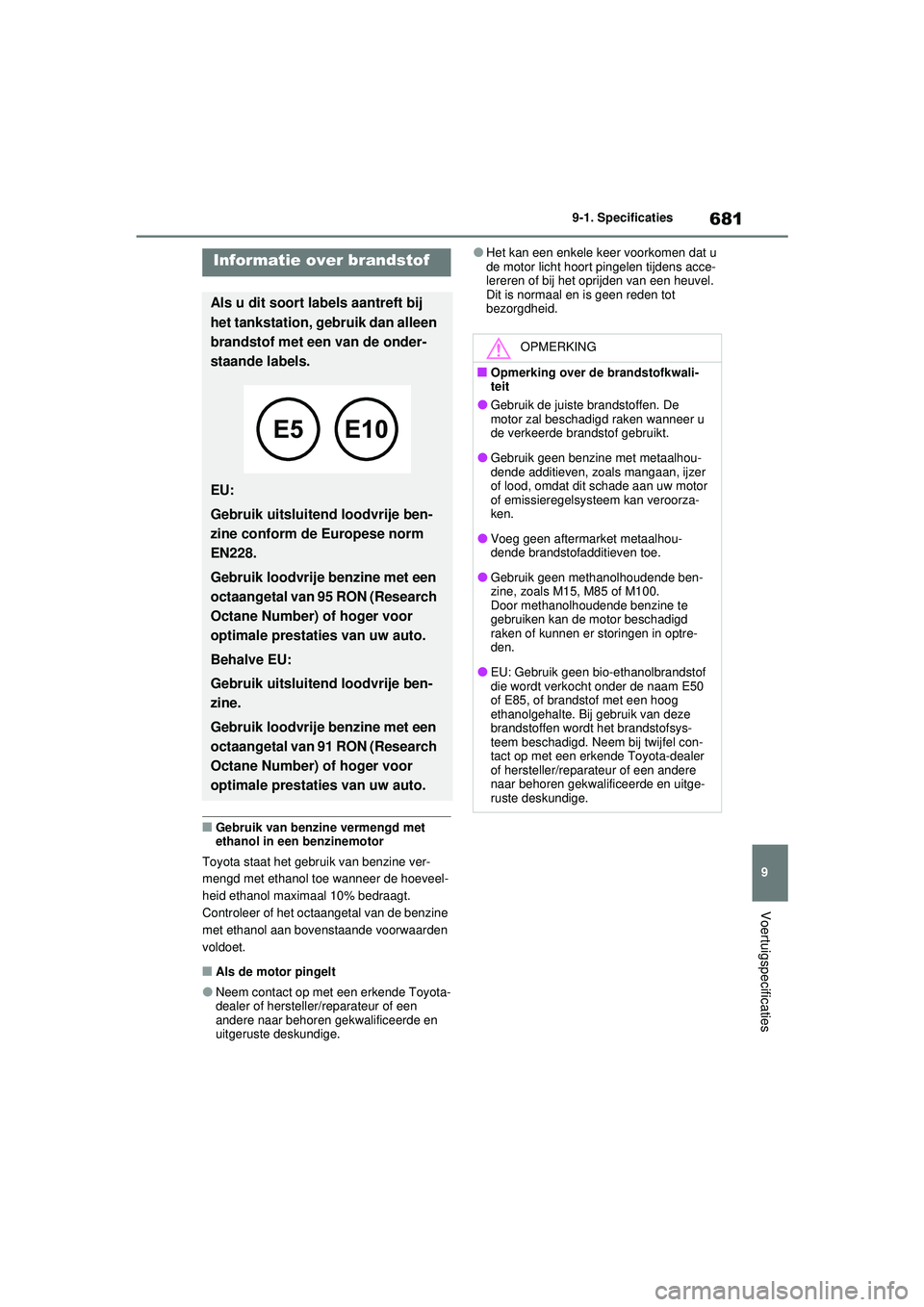 TOYOTA RAV4 2021 Instructieboekje (in Dutch) 681
9
9-1. Specificaties
Voertuigspecificaties
■Gebruik van benzine vermengd met
ethanol in een benzinemotor
Toyota staat het gebruik van benzine ver-
mengd met ethanol toe wanneer de hoeveel-
heid TOYOTA RAV4 2021 Instructieboekje (in Dutch) 681
9
9-1. Specificaties
Voertuigspecificaties
■Gebruik van benzine vermengd met
ethanol in een benzinemotor
Toyota staat het gebruik van benzine ver-
mengd met ethanol toe wanneer de hoeveel-
heid