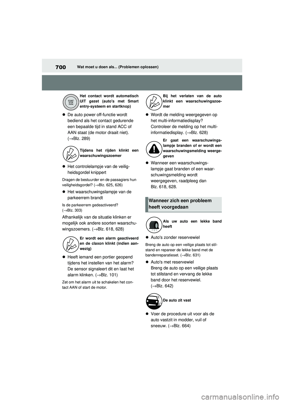 TOYOTA RAV4 2021 Instructieboekje (in Dutch) 700Wat moet u doen als... (Problemen oplossen)
De auto power off-functie wordt
bediend als het contact gedurende
een bepaalde tijd in stand ACC of
AAN staat (de motor draait niet).
(→Blz. 289 TOYOTA RAV4 2021 Instructieboekje (in Dutch) 700Wat moet u doen als... (Problemen oplossen)
De auto power off-functie wordt
bediend als het contact gedurende
een bepaalde tijd in stand ACC of
AAN staat (de motor draait niet).
(→Blz. 289