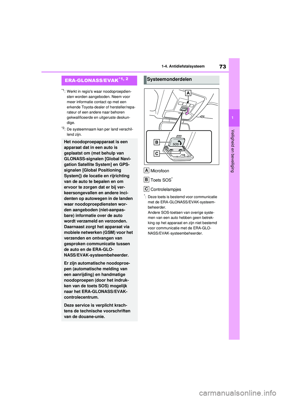 TOYOTA RAV4 2021 Instructieboekje (in Dutch) 73
1
1-4. Antidiefstalsysteem
Veiligheid en beveiliging
1-4.Antidiefstalsysteem
*1: Werkt in regios waar noodoproepdien-
sten worden aangeboden. Neem voor
meer informatie contact op met een
erkende TOYOTA RAV4 2021 Instructieboekje (in Dutch) 73
1
1-4. Antidiefstalsysteem
Veiligheid en beveiliging
1-4.Antidiefstalsysteem
*1: Werkt in regios waar noodoproepdien-
sten worden aangeboden. Neem voor
meer informatie contact op met een
erkende