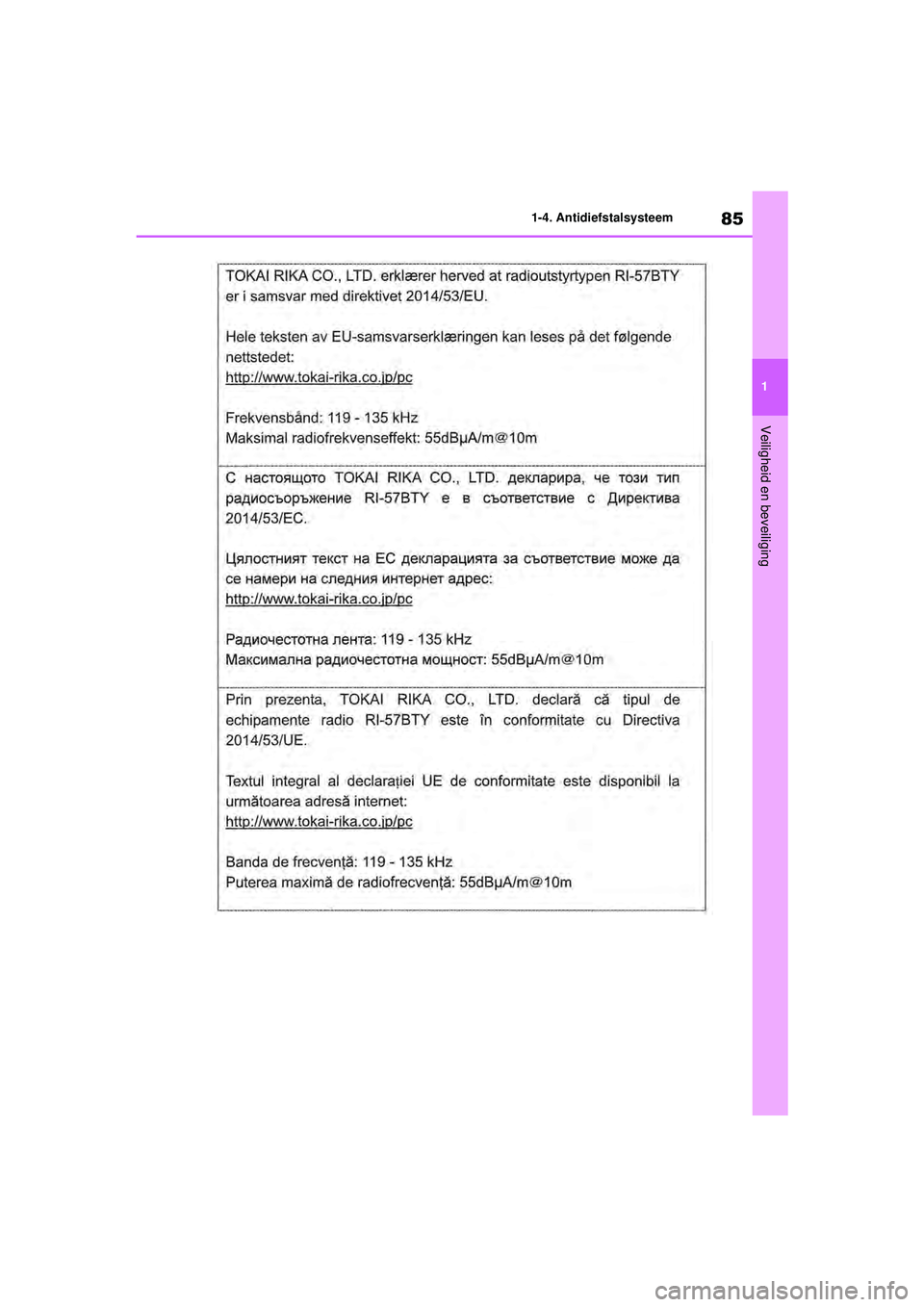 TOYOTA RAV4 2021  Instructieboekje (in Dutch) 85
1
1-4. Antidiefstalsysteem
Veiligheid en beveiliging
pM_RAV4_OM_OM42D20E_(EE).book  Page 
85  Friday, August 7, 2020  1:15 PM 
