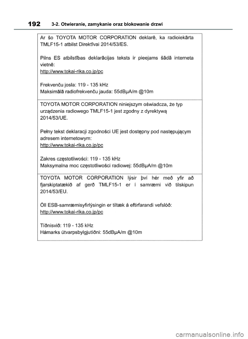 TOYOTA RAV4 2021  Instrukcja obsługi (in Polish) 1923-2. Otwieranie, zamykanie oraz blokowanie drzwi
43 RAV4 OM42D20E  17/9/20  13:44  Page 192 