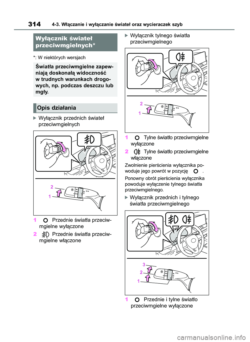TOYOTA RAV4 2021  Instrukcja obsługi (in Polish) *: W niektórych wersjach
óWy∏àcznik przednich Êwiate∏
przeciwmgielnych
1Przednie Êwiat∏a przeciw-
mgielne wy∏àczone
2Przednie Êwiat∏a przeciw-
mgielne w∏àczone
óWy∏àcznik tylne