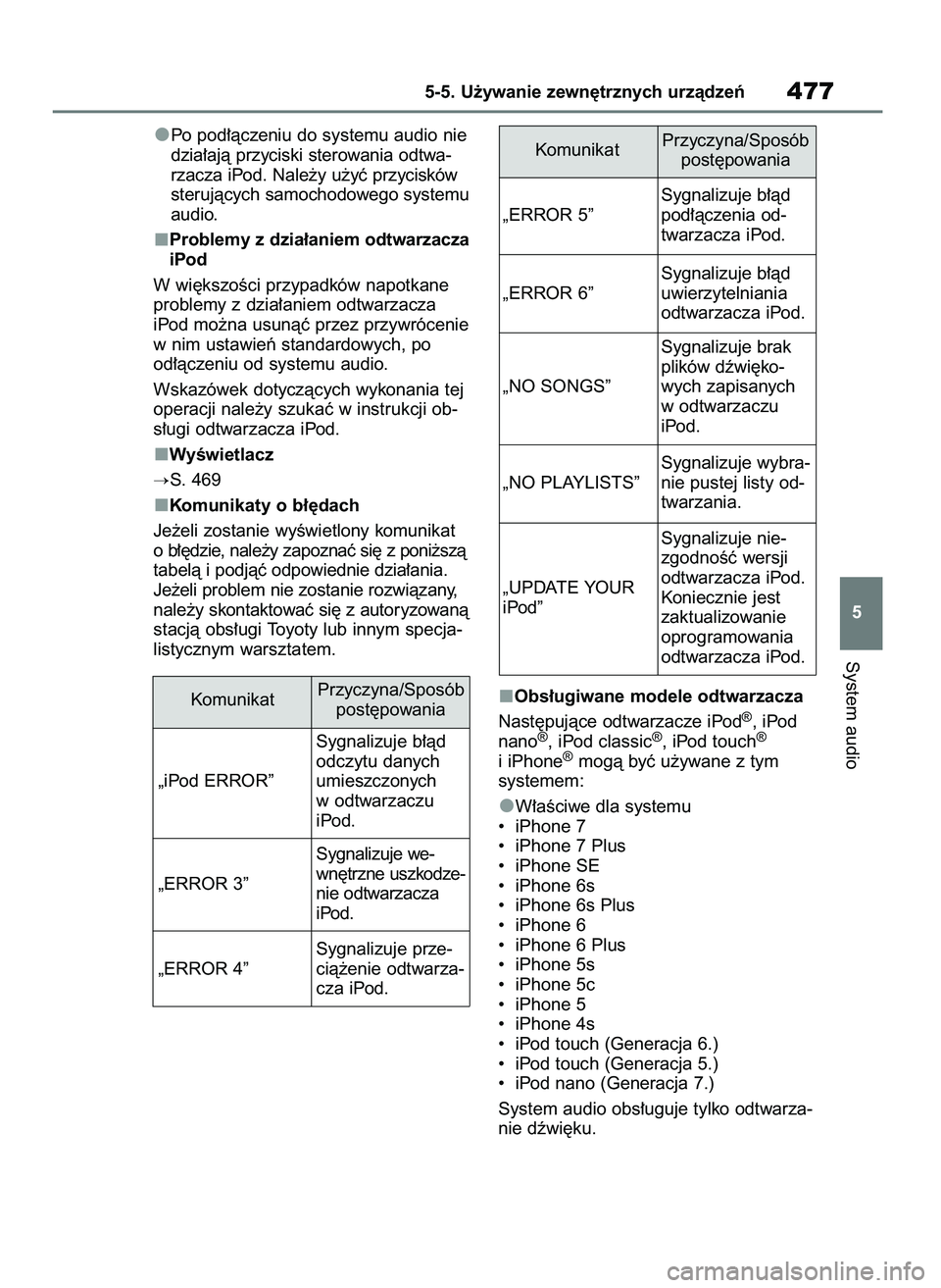 TOYOTA RAV4 2021  Instrukcja obsługi (in Polish) Po pod∏àczeniu do systemu audio nie
dzia∏ajà przyciski sterowania odtwa-
rzacza iPod. Nale˝y u˝yç przycisków
sterujàcych samochodowego systemu
audio.
Problemy z dzia∏aniem odtwarzacza
iPo