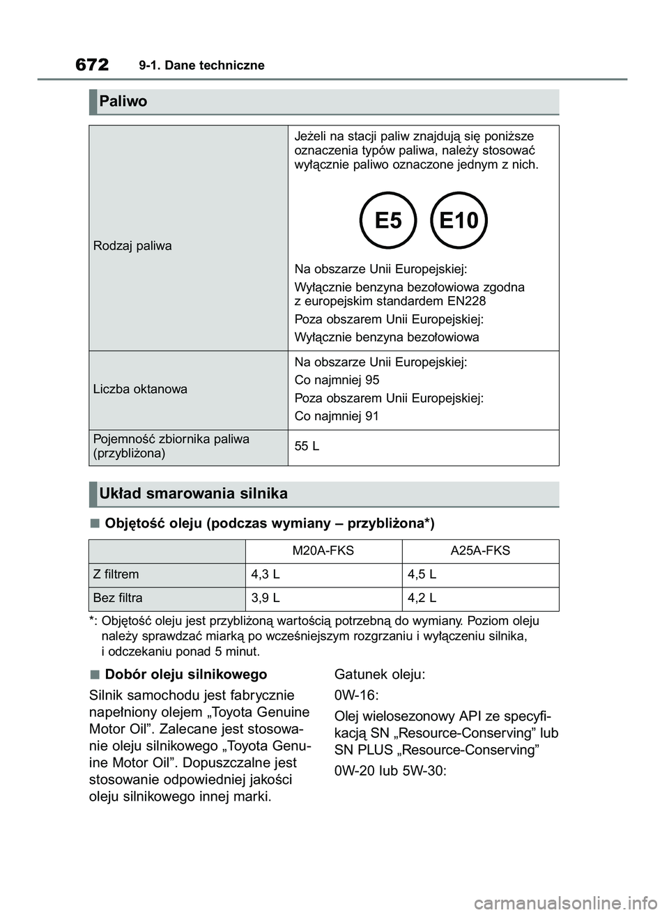 TOYOTA RAV4 2021  Instrukcja obsługi (in Polish) Dobór oleju silnikowego
Silnik samochodu jest fabrycznie
nape∏niony olejem „Toyota Genuine
Motor Oil”. Zalecane jest stosowa-
nie oleju silnikowego „Toyota Genu-
ine Motor Oil”. Dopuszczaln