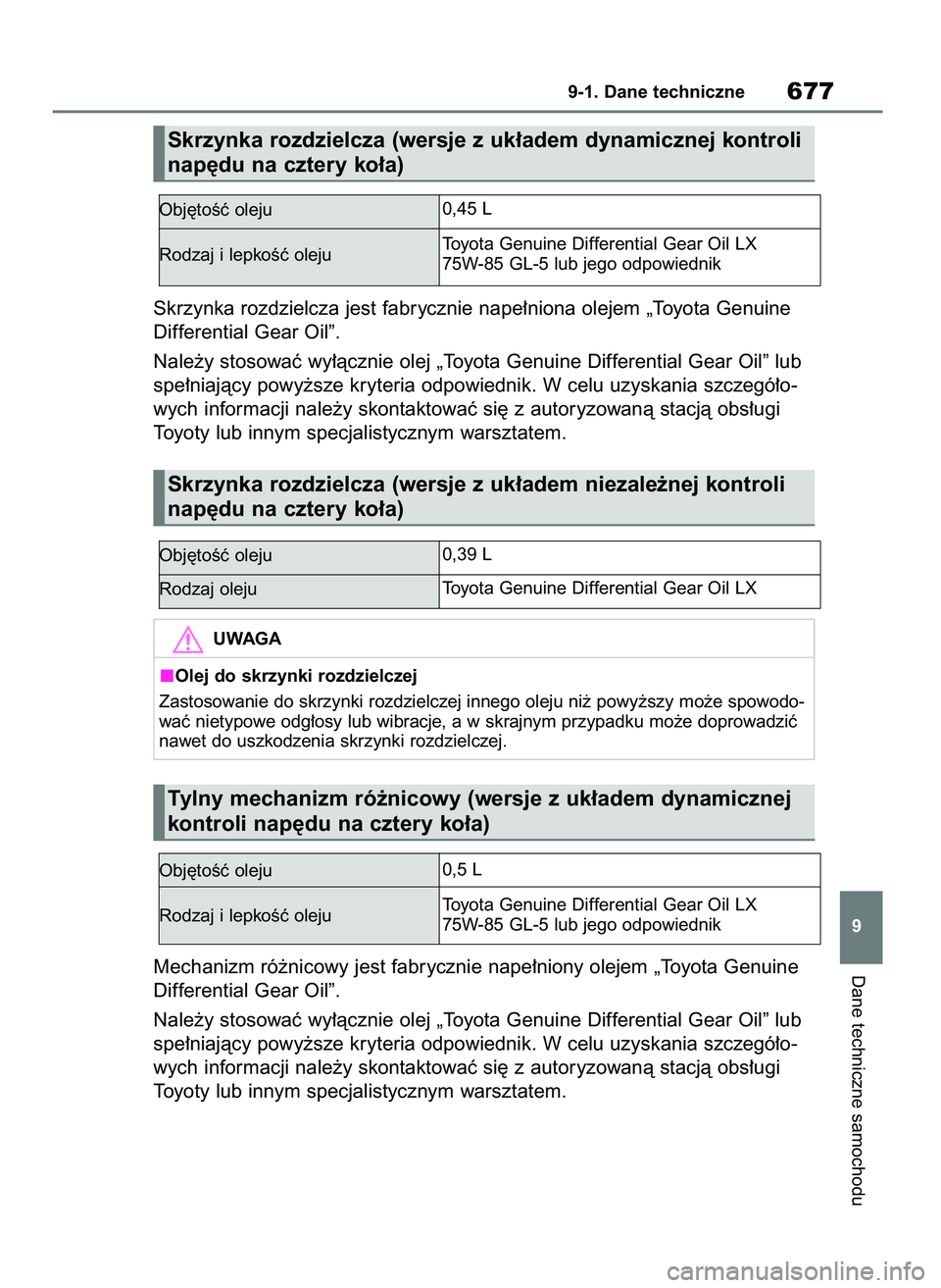 TOYOTA RAV4 2021  Instrukcja obsługi (in Polish) Skrzynka rozdzielcza jest fabrycznie nape∏niona olejem „Toyota Genuine
Differential Gear Oil”.
Nale˝y stosowaç wy∏àcznie olej „Toyota Genuine Differential Gear Oil” lub
spe∏niajàcy p