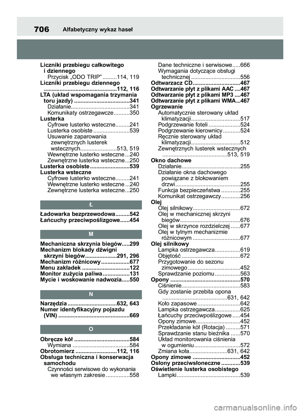 TOYOTA RAV4 2021 Instrukcja obsługi (in Polish) Liczniki przebiegu ca∏kowitego
i dziennego
Przycisk „ODO TRIP” .........114, 119
Liczniki przebiegu dziennego
..............................................112, 116
LTA (uk∏ad wspomagania trz TOYOTA RAV4 2021 Instrukcja obsługi (in Polish) Liczniki przebiegu ca∏kowitego
i dziennego
Przycisk „ODO TRIP” .........114, 119
Liczniki przebiegu dziennego
..............................................112, 116
LTA (uk∏ad wspomagania trz