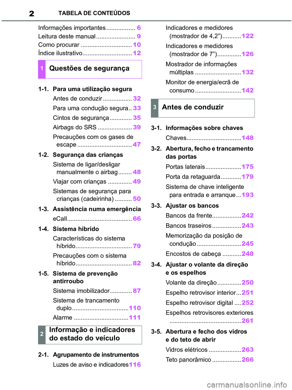 TOYOTA RAV4 2021  Manual de utilização (in Portuguese) 2TABELA DE CONTEÚDOS
Informações importantes .................6
Leitura deste manual .......................9
Como procurar ..............................10
Índice ilustrativo.....................