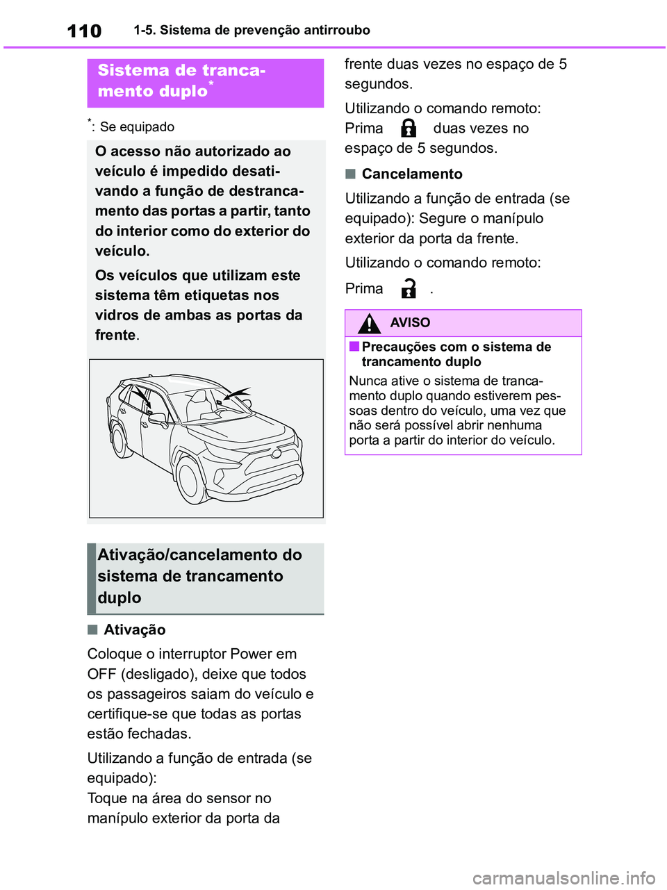 TOYOTA RAV4 2021 Manual de utilização (in Portuguese) 1101-5. Sistema de prevenção antirroubo
*: Se equipado
■Ativação
Coloque o interruptor Power em
OFF (desligado), deixe que todos
os passageiros saiam do veículo e
certifique-se que todas as TOYOTA RAV4 2021 Manual de utilização (in Portuguese) 1101-5. Sistema de prevenção antirroubo
*: Se equipado
■Ativação
Coloque o interruptor Power em
OFF (desligado), deixe que todos
os passageiros saiam do veículo e
certifique-se que todas as