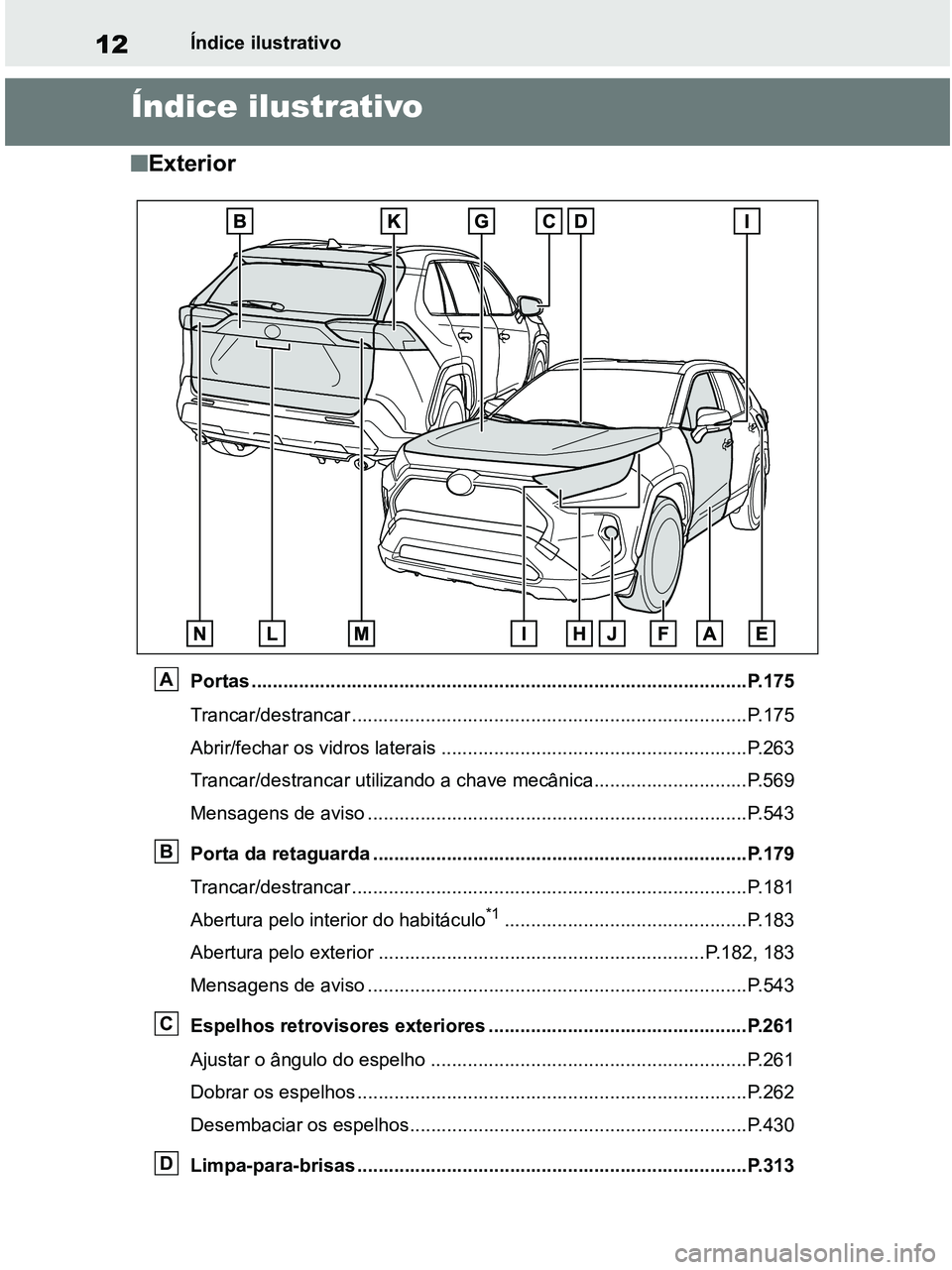 TOYOTA RAV4 2021 Manual de utilização (in Portuguese) 12Índice ilustrativo
Índice ilustrativo
■Exterior
Portas ..............................................................................................P.175
Trancar/destrancar .................... TOYOTA RAV4 2021 Manual de utilização (in Portuguese) 12Índice ilustrativo
Índice ilustrativo
■Exterior
Portas ..............................................................................................P.175
Trancar/destrancar ....................