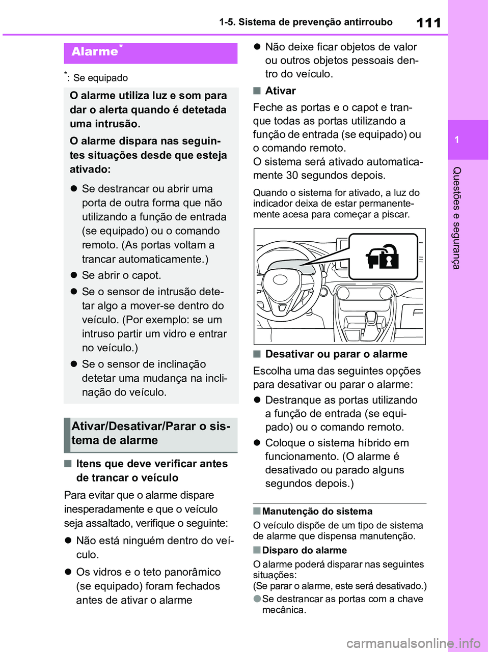 TOYOTA RAV4 2021 Manual de utilização (in Portuguese) 111
1 1-5. Sistema de prevenção antirroubo
Questões e segurança
*: Se equipado
■Itens que deve verificar antes
de trancar o veículo
Para evitar que o alarme dispare
inesperadamente e que o ve TOYOTA RAV4 2021 Manual de utilização (in Portuguese) 111
1 1-5. Sistema de prevenção antirroubo
Questões e segurança
*: Se equipado
■Itens que deve verificar antes
de trancar o veículo
Para evitar que o alarme dispare
inesperadamente e que o ve