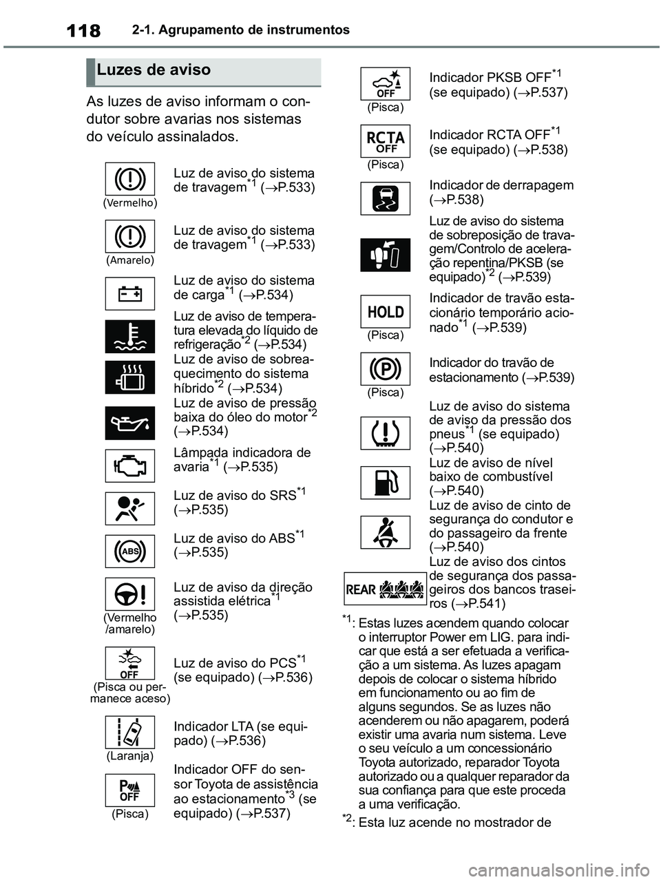 TOYOTA RAV4 2021 Manual de utilização (in Portuguese) 1182-1. Agrupamento de instrumentos
As luzes de aviso informam o con-
dutor sobre avarias nos sistemas
do veículo assinalados.
*1: Estas luzes acendem quando colocar
o interruptor Power em LIG. par TOYOTA RAV4 2021 Manual de utilização (in Portuguese) 1182-1. Agrupamento de instrumentos
As luzes de aviso informam o con-
dutor sobre avarias nos sistemas
do veículo assinalados.
*1: Estas luzes acendem quando colocar
o interruptor Power em LIG. par