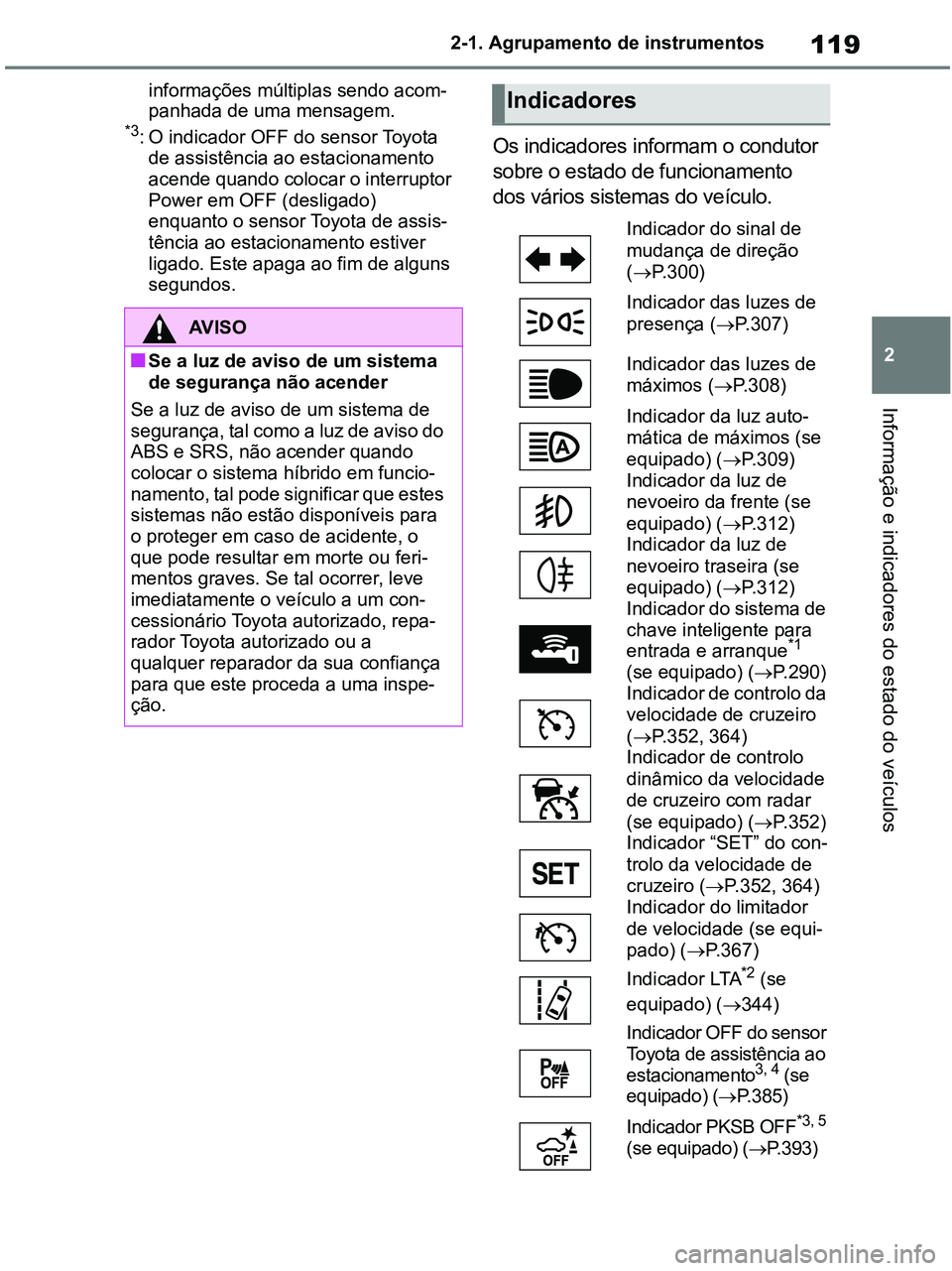 TOYOTA RAV4 2021 Manual de utilização (in Portuguese) 119
2 2-1. Agrupamento de instrumentos
Informação e indicadores do estado do veículos
informações múltiplas sendo acom-
panhada de uma mensagem.
*3: O indicador OFF do sensor Toyota
de assistê TOYOTA RAV4 2021 Manual de utilização (in Portuguese) 119
2 2-1. Agrupamento de instrumentos
Informação e indicadores do estado do veículos
informações múltiplas sendo acom-
panhada de uma mensagem.
*3: O indicador OFF do sensor Toyota
de assistê