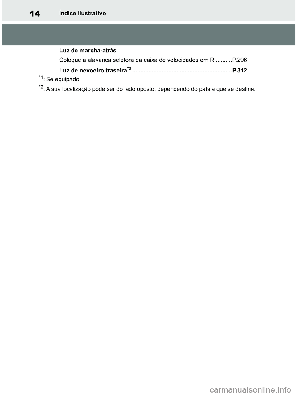 TOYOTA RAV4 2021 Manual de utilização (in Portuguese) 14Índice ilustrativo
Luz de marcha-atrás
Coloque a alavanca seletora da caixa de velocidades em R ..........P.296
Luz de nevoeiro traseira
*2......................................................... TOYOTA RAV4 2021 Manual de utilização (in Portuguese) 14Índice ilustrativo
Luz de marcha-atrás
Coloque a alavanca seletora da caixa de velocidades em R ..........P.296
Luz de nevoeiro traseira
*2.........................................................