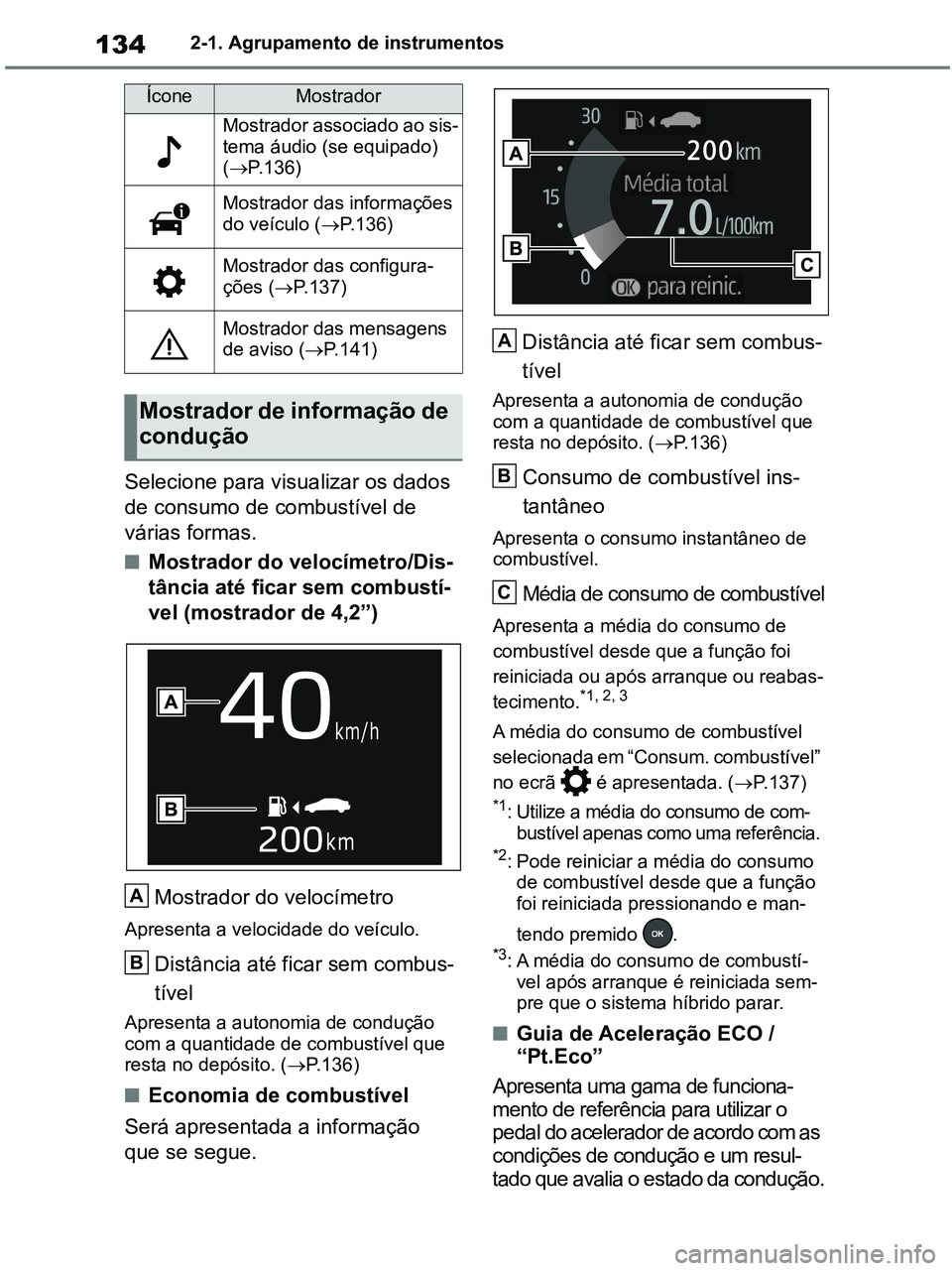 TOYOTA RAV4 2021 Manual de utilização (in Portuguese) 1342-1. Agrupamento de instrumentos
Selecione para visualizar os dados
de consumo de combustível de
várias formas.
■Mostrador do velocímetro/Dis-
tância até ficar sem combustí-
vel (mostrado TOYOTA RAV4 2021 Manual de utilização (in Portuguese) 1342-1. Agrupamento de instrumentos
Selecione para visualizar os dados
de consumo de combustível de
várias formas.
■Mostrador do velocímetro/Dis-
tância até ficar sem combustí-
vel (mostrado