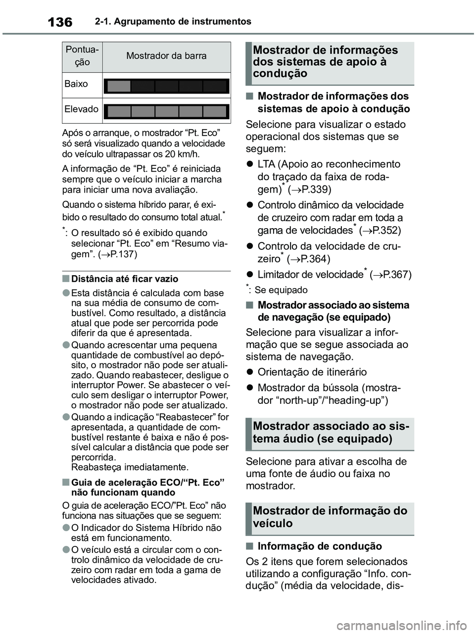 TOYOTA RAV4 2021 Manual de utilização (in Portuguese) 1362-1. Agrupamento de instrumentos
Após o arranque, o mostrador “Pt. Eco”
só será visualizado quando a velocidade
do veículo ultrapassar os 20 km/h.
A informação de “Pt. Eco” é reini TOYOTA RAV4 2021 Manual de utilização (in Portuguese) 1362-1. Agrupamento de instrumentos
Após o arranque, o mostrador “Pt. Eco”
só será visualizado quando a velocidade
do veículo ultrapassar os 20 km/h.
A informação de “Pt. Eco” é reini