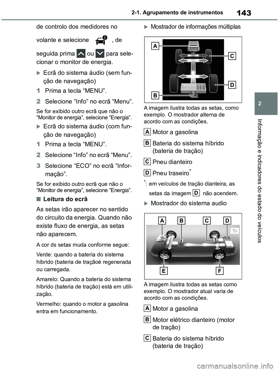 TOYOTA RAV4 2021 Manual de utilização (in Portuguese) 143
2 2-1. Agrupamento de instrumentos
Informação e indicadores do estado do veículos
de controlo dos medidores no
volante e selecione , de
seguida prima ou para sele-
cionar o monitor de en TOYOTA RAV4 2021 Manual de utilização (in Portuguese) 143
2 2-1. Agrupamento de instrumentos
Informação e indicadores do estado do veículos
de controlo dos medidores no
volante e selecione , de
seguida prima ou para sele-
cionar o monitor de en