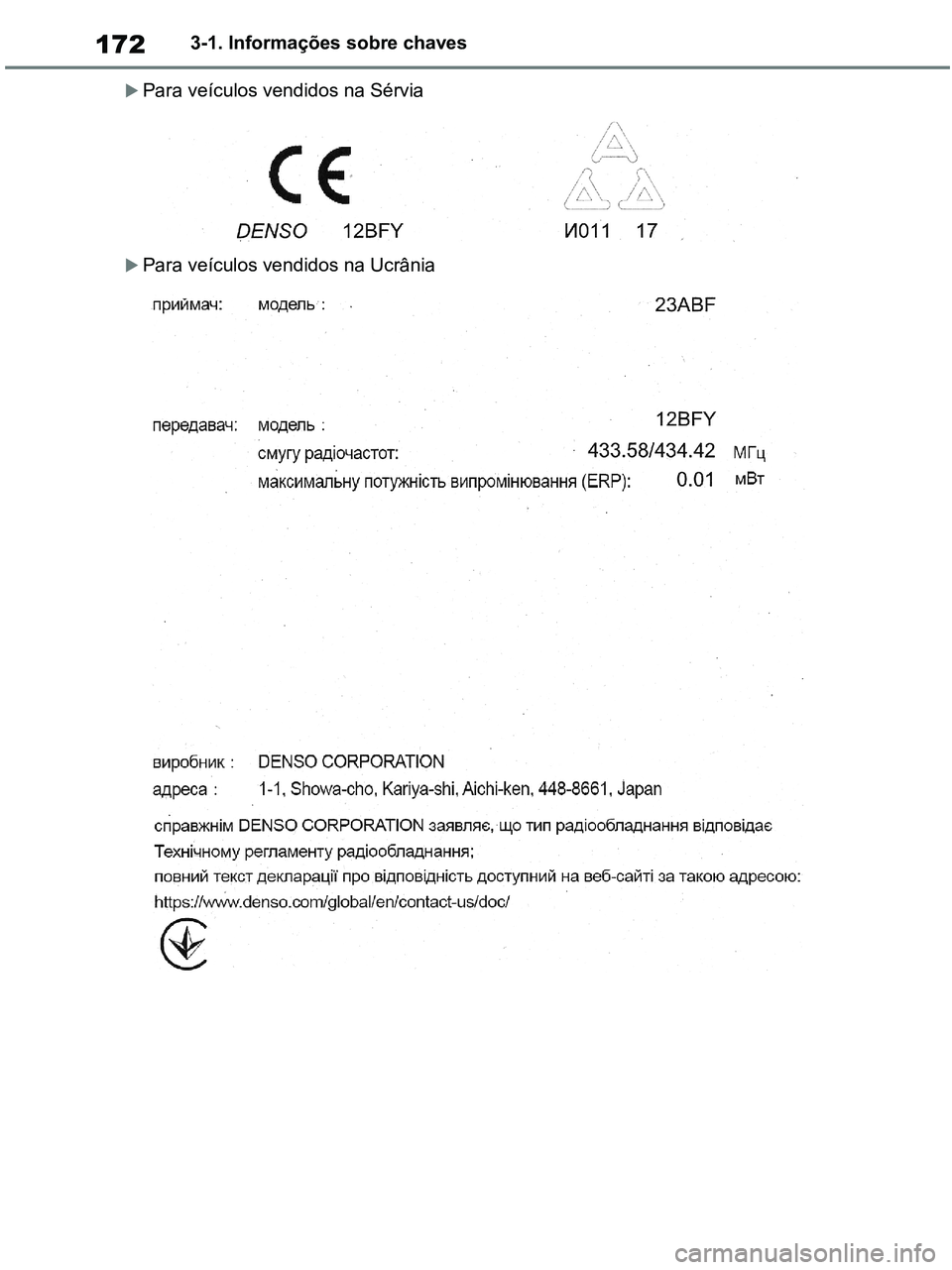 TOYOTA RAV4 2021 Manual de utilização (in Portuguese) 1723-1. Informações sobre chaves
Para veículos vendidos na Sérvia
Para veículos vendidos na Ucrânia
pM_RAV4-HV_OM_OM42D32PT.book Page 172 Wednesday, January 27, 2021 6:28 PM TOYOTA RAV4 2021 Manual de utilização (in Portuguese) 1723-1. Informações sobre chaves
Para veículos vendidos na Sérvia
Para veículos vendidos na Ucrânia
pM_RAV4-HV_OM_OM42D32PT.book Page 172 Wednesday, January 27, 2021 6:28 PM