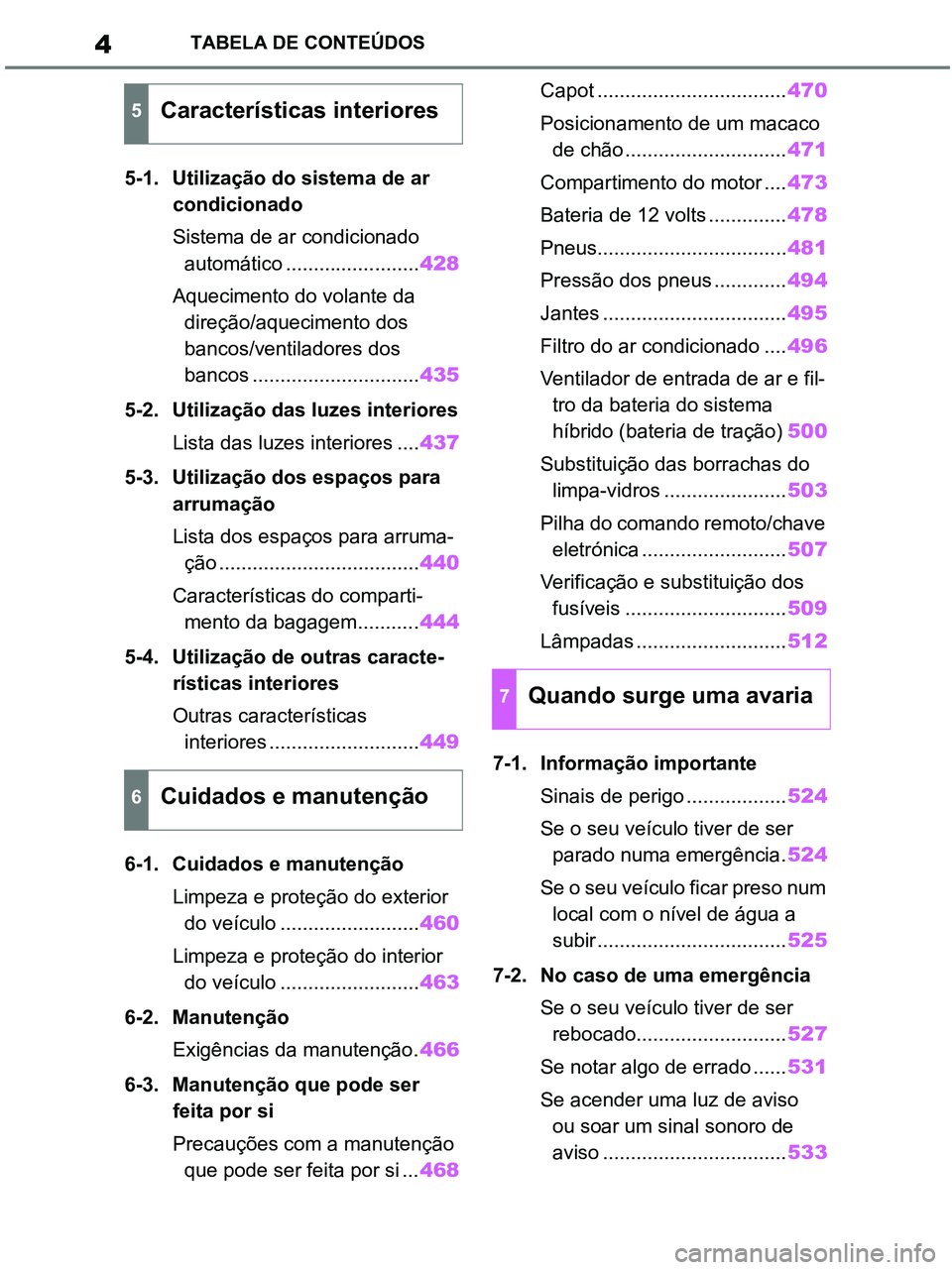 TOYOTA RAV4 2021  Manual de utilização (in Portuguese) 4TABELA DE CONTEÚDOS
5-1. Utilização do sistema de ar 
condicionado
Sistema de ar condicionado 
automático ........................428
Aquecimento do volante da 
direção/aquecimento dos 
bancos/