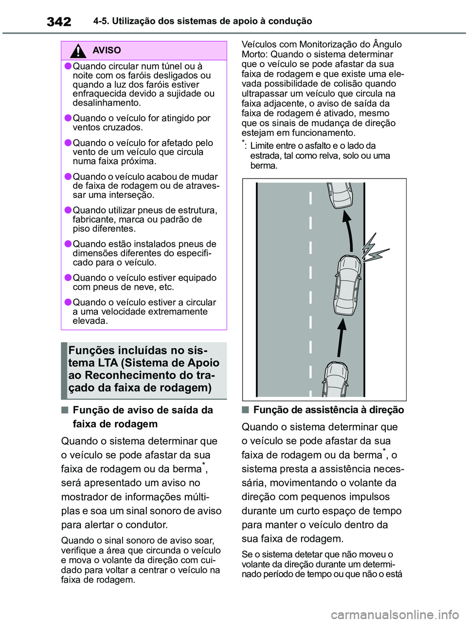 TOYOTA RAV4 2021 Manual de utilização (in Portuguese) 3424-5. Utilização dos sistemas de apoio à condução
■Função de aviso de saída da
faixa de rodagem
Quando o sistema determinar que
o veículo se pode afastar da sua
faixa de rodagem ou da TOYOTA RAV4 2021 Manual de utilização (in Portuguese) 3424-5. Utilização dos sistemas de apoio à condução
■Função de aviso de saída da
faixa de rodagem
Quando o sistema determinar que
o veículo se pode afastar da sua
faixa de rodagem ou da