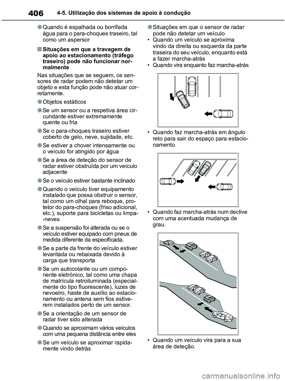 TOYOTA RAV4 2021 Manual de utilização (in Portuguese) 4064-5. Utilização dos sistemas de apoio à condução
●Quando é espalhada ou borrifada
água para o para-choques traseiro, tal
como um aspersor
■Situações em que a travagem de
apoio ao es TOYOTA RAV4 2021 Manual de utilização (in Portuguese) 4064-5. Utilização dos sistemas de apoio à condução
●Quando é espalhada ou borrifada
água para o para-choques traseiro, tal
como um aspersor
■Situações em que a travagem de
apoio ao es
