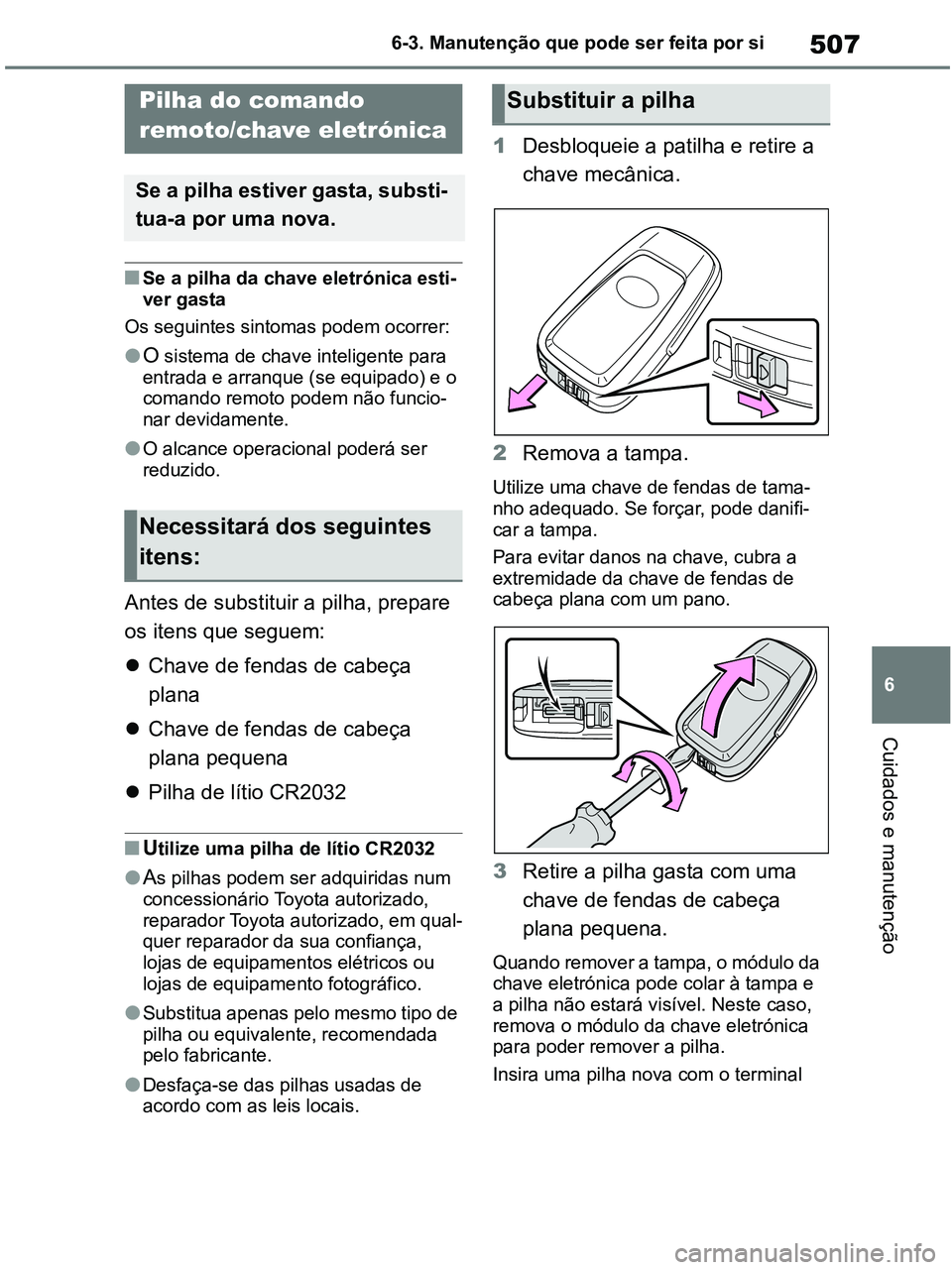 TOYOTA RAV4 2021  Manual de utilização (in Portuguese) 507
6 6-3. Manutenção que pode ser feita por si
Cuidados e manutenção
■Se a pilha da chave eletrónica esti-
ver gasta
Os seguintes sintomas podem ocorrer:
●O sistema de chave inteligente para