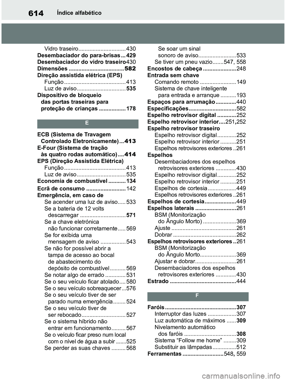 TOYOTA RAV4 2021  Manual de utilização (in Portuguese) 614Índice alfabético
Vidro traseiro.............................. 430
Desembaciador do para-brisas ... 429
Desembaciador do vidro traseiro430
Dimensões ...................................582
Direç