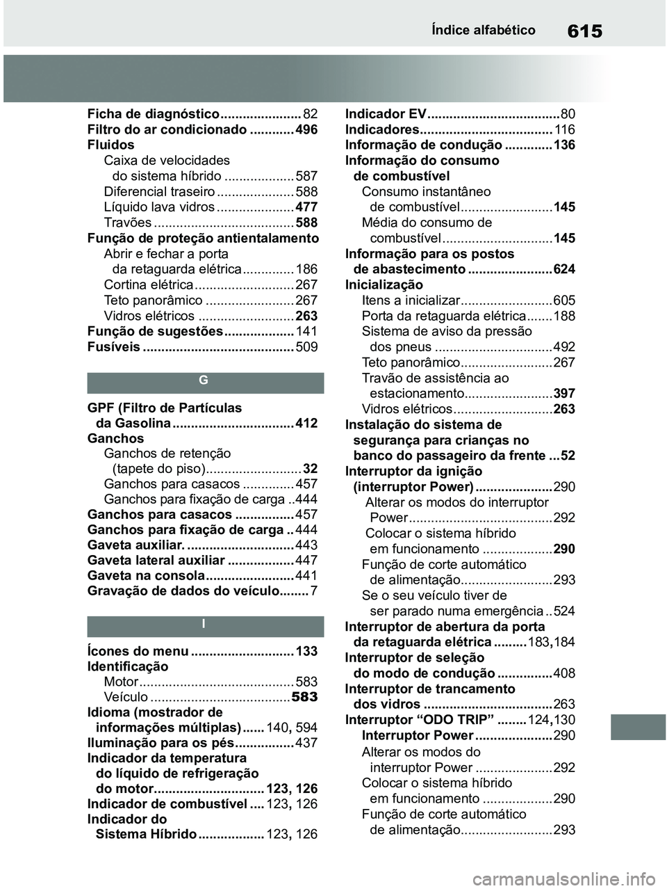 TOYOTA RAV4 2021 Manual de utilização (in Portuguese) 615Índice alfabético
Ficha de diagnóstico ......................82
Filtro do ar condicionado ............ 496
Fluidos
Caixa de velocidades
do sistema híbrido ................... 587
Diferencial t TOYOTA RAV4 2021 Manual de utilização (in Portuguese) 615Índice alfabético
Ficha de diagnóstico ......................82
Filtro do ar condicionado ............ 496
Fluidos
Caixa de velocidades
do sistema híbrido ................... 587
Diferencial t