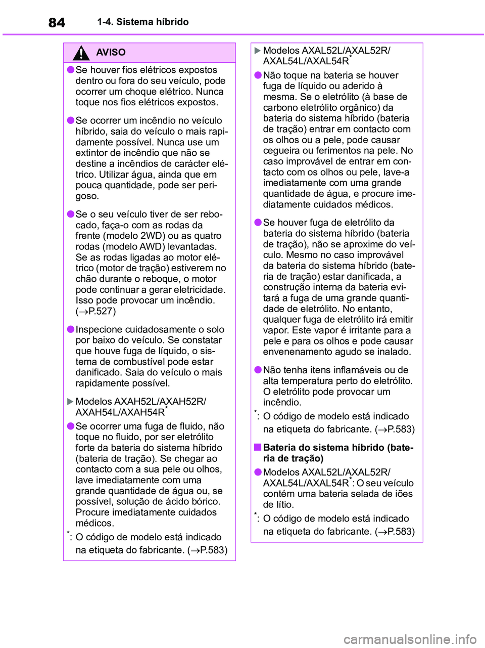 TOYOTA RAV4 2021 Manual de utilização (in Portuguese) 841-4. Sistema híbrido
AV I S O
●Se houver fios elétricos expostos
dentro ou fora do seu veículo, pode
ocorrer um choque elétrico. Nunca
toque nos fios elétricos expostos.
●Se ocorrer um i TOYOTA RAV4 2021 Manual de utilização (in Portuguese) 841-4. Sistema híbrido
AV I S O
●Se houver fios elétricos expostos
dentro ou fora do seu veículo, pode
ocorrer um choque elétrico. Nunca
toque nos fios elétricos expostos.
●Se ocorrer um i