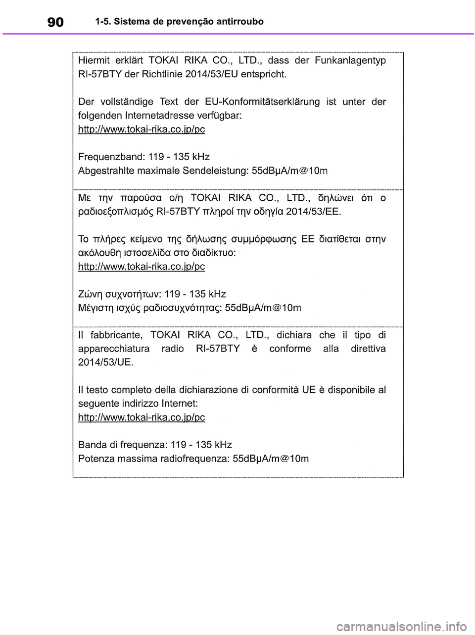 TOYOTA RAV4 2021 Manual de utilização (in Portuguese) 90
pM_RAV4-HV_OM_OM42D32PT.book Page 90 Wednesday, January 27, 2021 6:28 PM
1-5. Sistema de prevenção antirroubo TOYOTA RAV4 2021 Manual de utilização (in Portuguese) 90
pM_RAV4-HV_OM_OM42D32PT.book Page 90 Wednesday, January 27, 2021 6:28 PM
1-5. Sistema de prevenção antirroubo