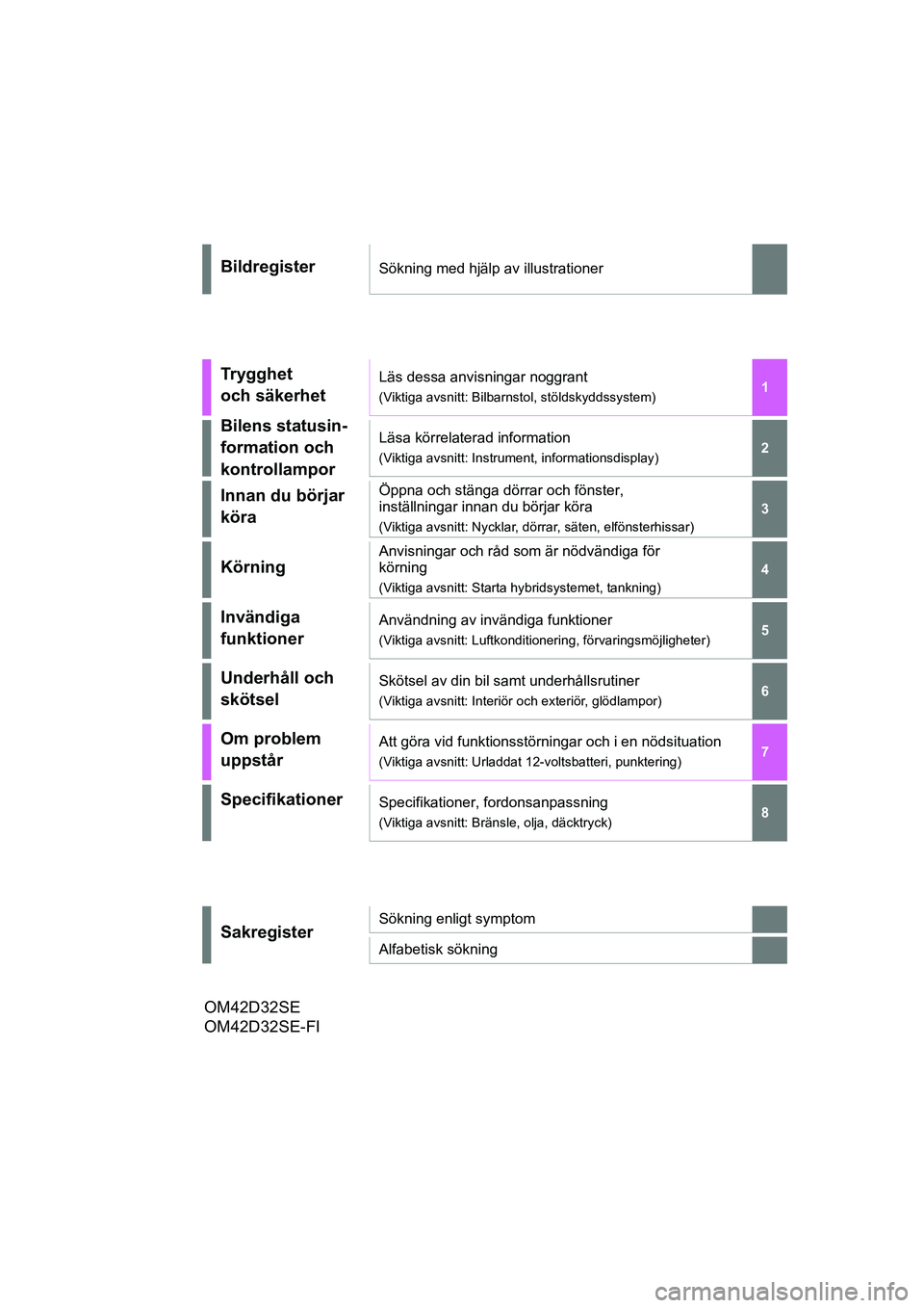 TOYOTA RAV4 2021  Bruksanvisningar (in Swedish) OM42D32SE
1
6 5
4
3
2
8
7
BildregisterSökning med hjälp av illustrationer
Trygghet 
och säkerhetLäs dessa anvisningar noggrant
(Viktiga avsnitt: Bilbarnstol, stöldskyddssystem)
Bilens statusin-
f