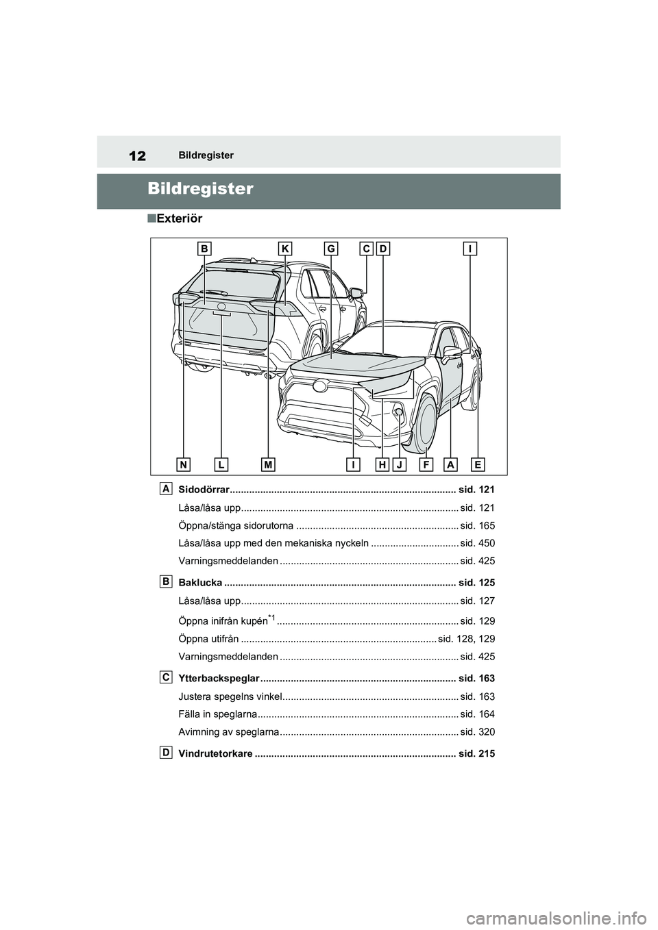 TOYOTA RAV4 2021 Bruksanvisningar (in Swedish) 12Bildregister
OM42D32SE
Bildregister
■Exteriör
Sidodörrar..................................................... ............................. sid. 121
Låsa/låsa upp.............................. TOYOTA RAV4 2021 Bruksanvisningar (in Swedish) 12Bildregister
OM42D32SE
Bildregister
■Exteriör
Sidodörrar..................................................... ............................. sid. 121
Låsa/låsa upp..............................