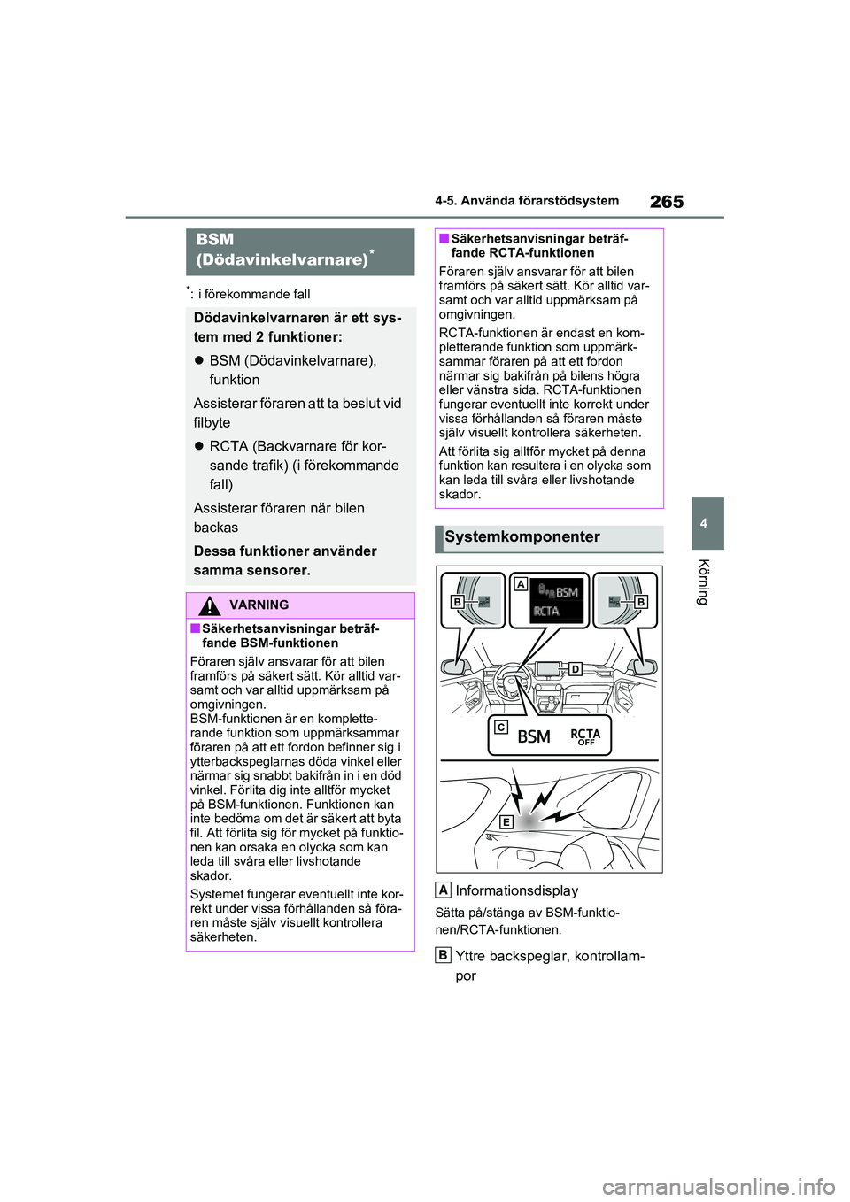TOYOTA RAV4 2021 Bruksanvisningar (in Swedish) 265
4
4-5. Använda förarstödsystem
Körning
OM42D32SE
*: i förekommande fall
Informationsdisplay
Sätta på/stänga av BSM-funktio-
nen/RCTA-funktionen.
Yttre backspeglar, kontrollam-
por
BSM
(D TOYOTA RAV4 2021 Bruksanvisningar (in Swedish) 265
4
4-5. Använda förarstödsystem
Körning
OM42D32SE
*: i förekommande fall
Informationsdisplay
Sätta på/stänga av BSM-funktio-
nen/RCTA-funktionen.
Yttre backspeglar, kontrollam-
por
BSM
(D