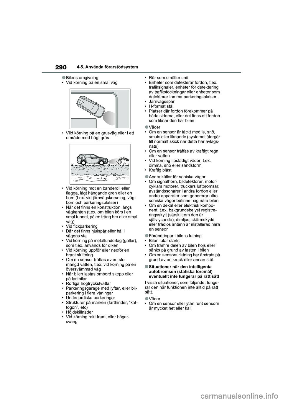 TOYOTA RAV4 2021 Bruksanvisningar (in Swedish) 2904-5. Använda förarstödsystem
OM42D32SE
●Bilens omgivning
• Vid körning på en smal väg
• Vild körning på en grusväg eller i ett
område med högt gräs
• Vid körning mot en bande TOYOTA RAV4 2021 Bruksanvisningar (in Swedish) 2904-5. Använda förarstödsystem
OM42D32SE
●Bilens omgivning
• Vid körning på en smal väg
• Vild körning på en grusväg eller i ett
område med högt gräs
• Vid körning mot en bande