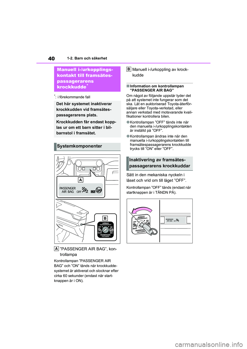 TOYOTA RAV4 2021  Bruksanvisningar (in Swedish) 401-2. Barn och säkerhet
OM42D32SE
1-2.Barn och säkerhet
*: i förekommande fall
”PASSENGER AIR BAG”, kon-
trollampa
Kontrollampan ”PASSENGER AIR 
BAG” och ”ON” tänds när krockkudde-
s