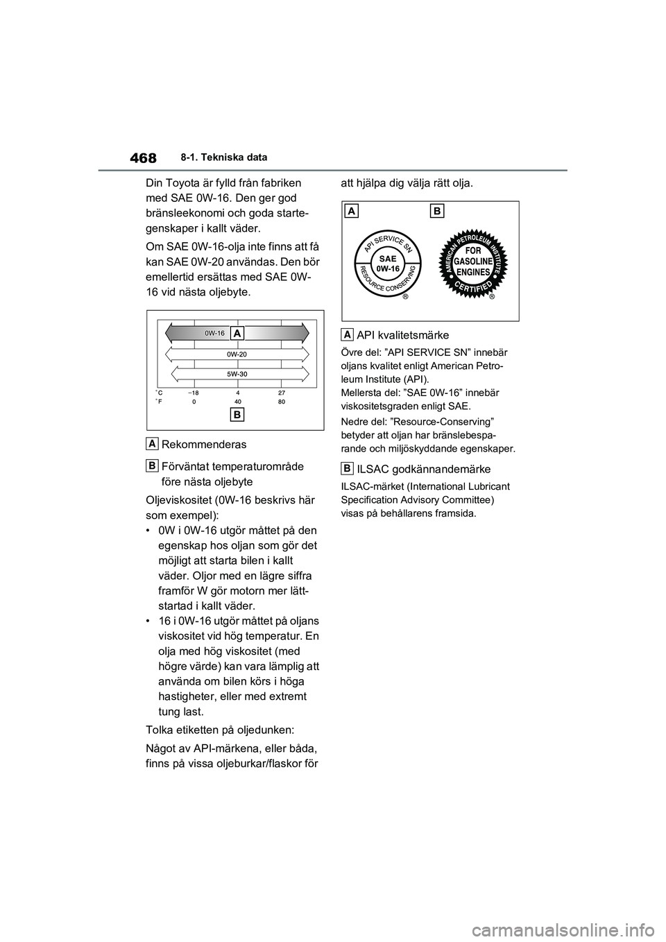TOYOTA RAV4 2021 Bruksanvisningar (in Swedish) 4688-1. Tekniska data
OM42D32SE
Din Toyota är fylld från fabriken
med SAE 0W-16. D en ger god
bränsleekonomi och goda starte-
genskaper i kallt väder.
Om SAE 0W-16-olja inte finns att få
kan S TOYOTA RAV4 2021 Bruksanvisningar (in Swedish) 4688-1. Tekniska data
OM42D32SE
Din Toyota är fylld från fabriken
med SAE 0W-16. D en ger god
bränsleekonomi och goda starte-
genskaper i kallt väder.
Om SAE 0W-16-olja inte finns att få
kan S