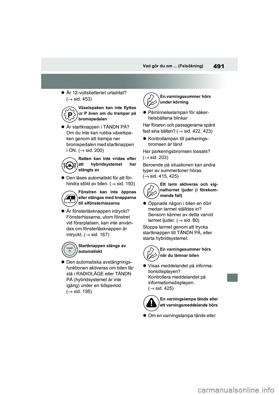 TOYOTA RAV4 2021  Bruksanvisningar (in Swedish) 491Vad gör du om ... (Felsökning)
OM42D32SE
Är 12-voltsbatteriet urladdat? 
(→ sid. 453)
 Är startknappen i TÄNDN PÅ? 
Om du inte kan rubba växelspa-
ken genom att trampa ner 
bromspeda