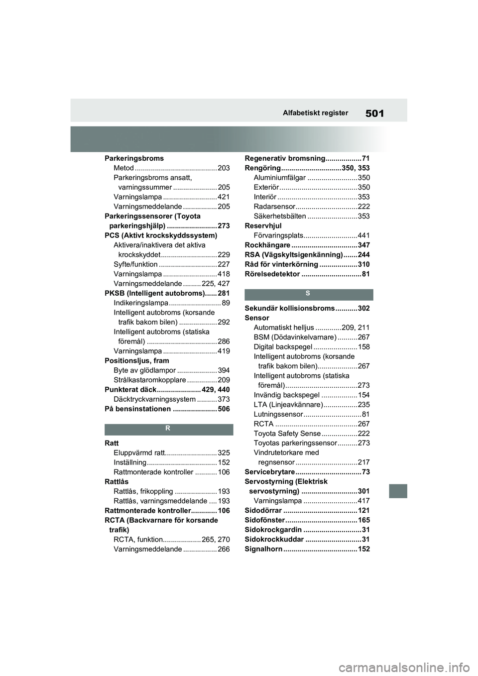 TOYOTA RAV4 2021  Bruksanvisningar (in Swedish) 501Alfabetiskt register
OM42D32SE
ParkeringsbromsMetod ......................................... 203
Parkeringsbroms ansatt, varningssummer ...................... 205
Varningslampa ...................