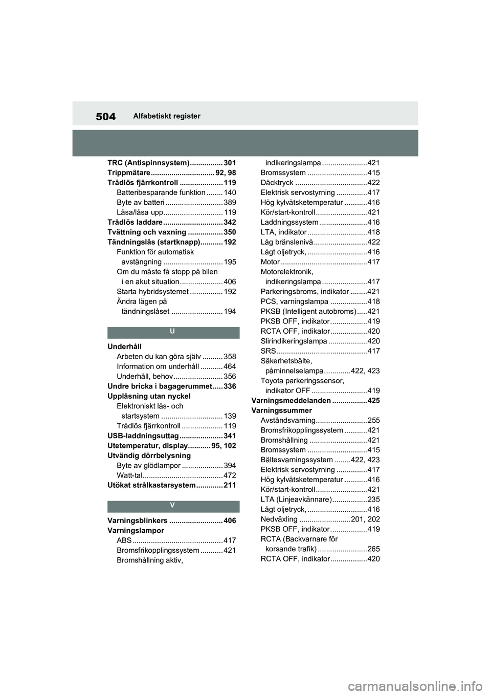 TOYOTA RAV4 2021  Bruksanvisningar (in Swedish) 504Alfabetiskt register
OM42D32SE
TRC (Antispinnsystem ) ................ 301
Trippmätare............................... 92, 98
Trådlös fjärrkontroll ..................... 119 Batteribesparande fu