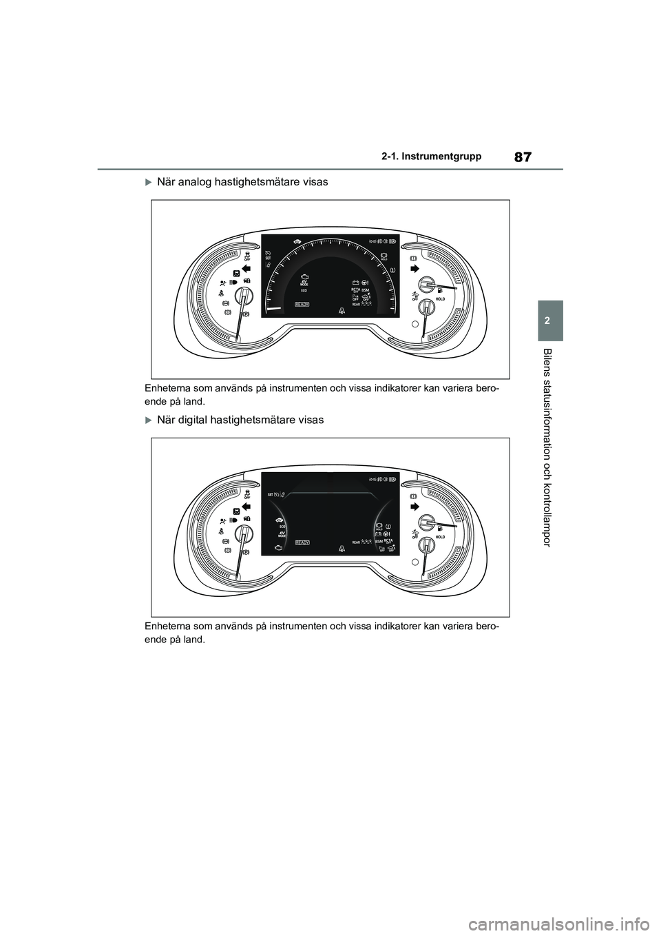 TOYOTA RAV4 2021 Bruksanvisningar (in Swedish) 87
2
2-1. Instrumentgrupp
Bilens statusinformation och kontrollampor
OM42D32SE
När analog hastighetsmätare visas
Enheterna som används på instrumenten och v
issa indikatorer kan variera bero-
e TOYOTA RAV4 2021 Bruksanvisningar (in Swedish) 87
2
2-1. Instrumentgrupp
Bilens statusinformation och kontrollampor
OM42D32SE
När analog hastighetsmätare visas
Enheterna som används på instrumenten och v
issa indikatorer kan variera bero-
e