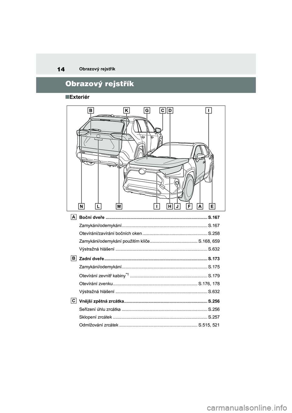 TOYOTA RAV4 2021 Návod na použití (in Czech) 14Obrazový rejstřík
Obrazový rejstřík
■Exteriér
Boční dveře ................................................................................... S.167
Zamykání/odemykání............... TOYOTA RAV4 2021 Návod na použití (in Czech) 14Obrazový rejstřík
Obrazový rejstřík
■Exteriér
Boční dveře ................................................................................... S.167
Zamykání/odemykání...............