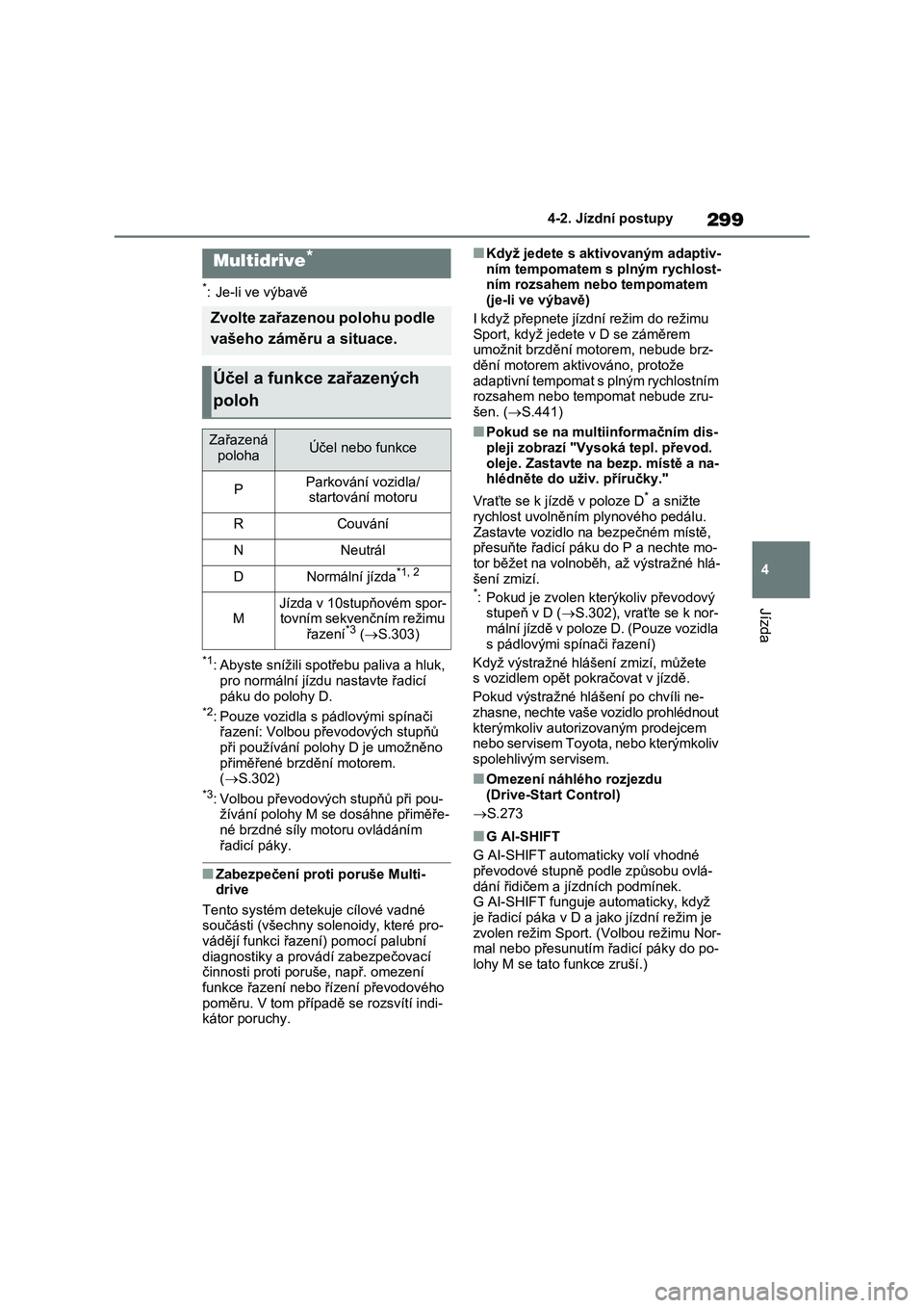TOYOTA RAV4 2021 Návod na použití (in Czech) 299
4 4-2. Jízdní postupy
Jízda
*: Je-li ve výbavě
*1: Abyste snížili spotřebu paliva a hluk,
pro normální jízdu nastavte řadicí
páku do polohy D.
*2: Pouze vozidla s pádlovými spín TOYOTA RAV4 2021 Návod na použití (in Czech) 299
4 4-2. Jízdní postupy
Jízda
*: Je-li ve výbavě
*1: Abyste snížili spotřebu paliva a hluk,
pro normální jízdu nastavte řadicí
páku do polohy D.
*2: Pouze vozidla s pádlovými spín