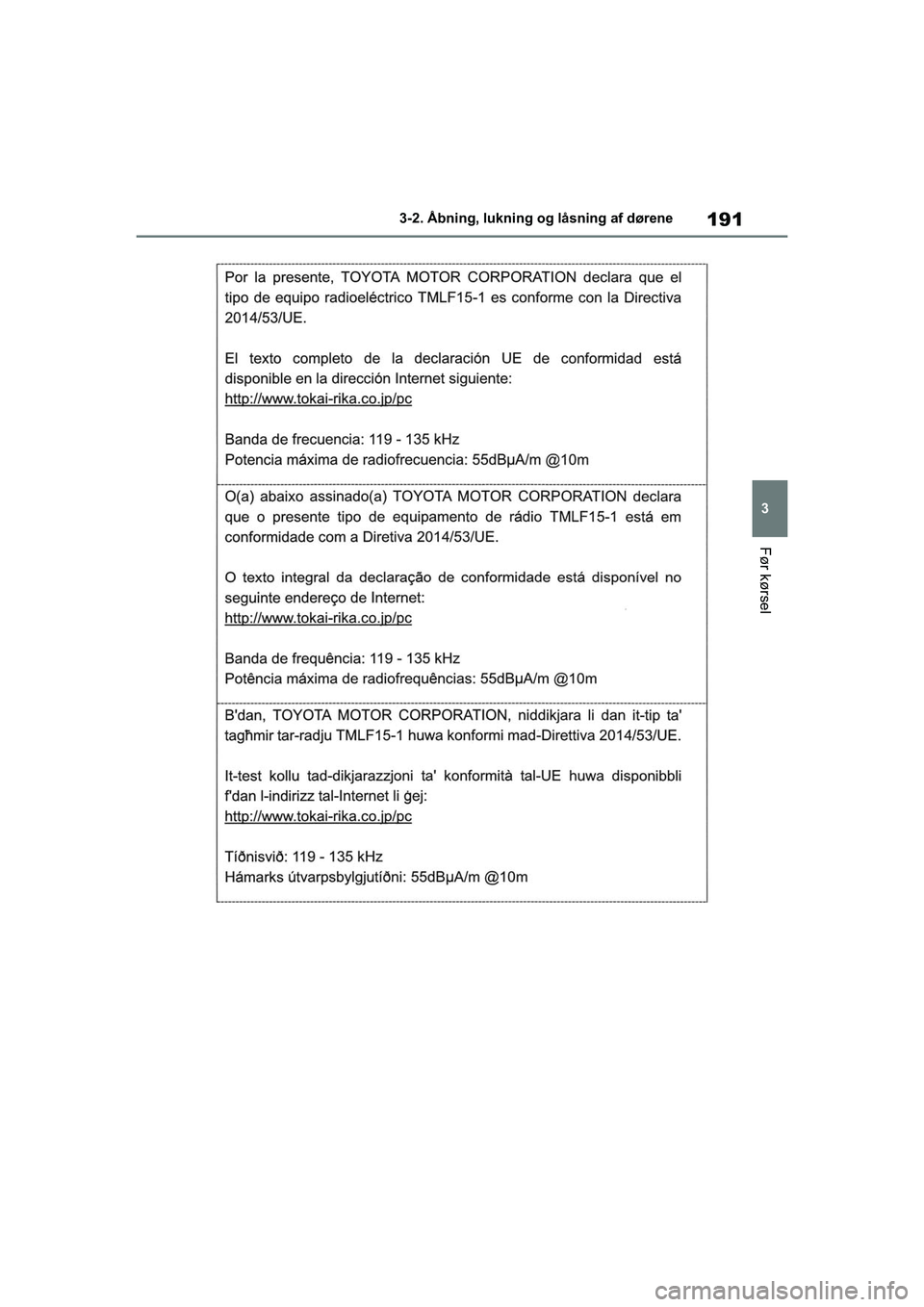 TOYOTA RAV4 2020  Brugsanvisning (in Danish) 191
3
3-2. Åbning, lukning og låsning af dørene
Før kørsel
OM42D20DK.book  Page 191  Friday, November 27, 2020  1:56 PM 